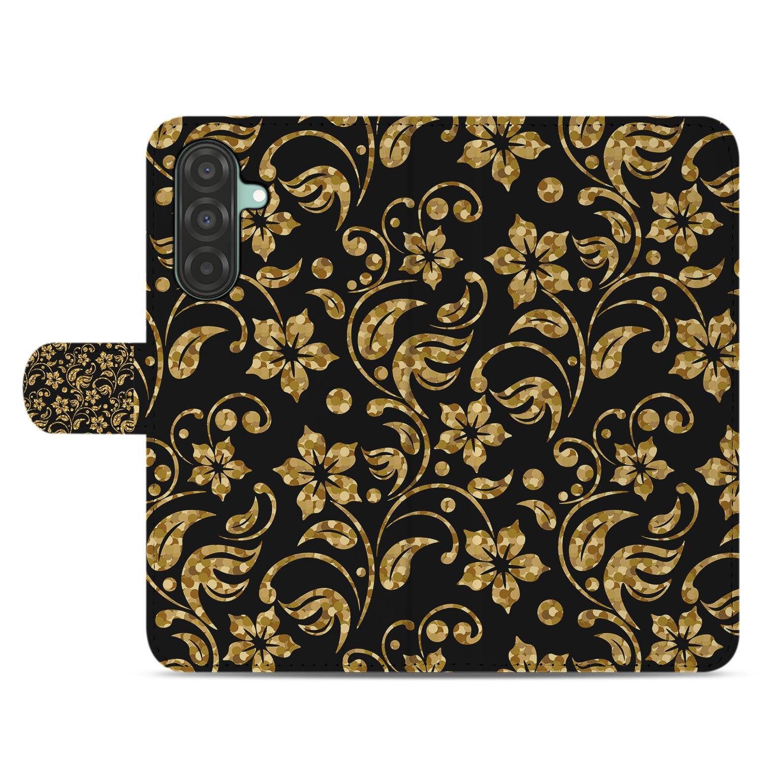 Samsung Galaxy A17 Boekhoes Gouden Bloemen Met Pasjesvak gouden bloemen zwart ontwerp voorkant