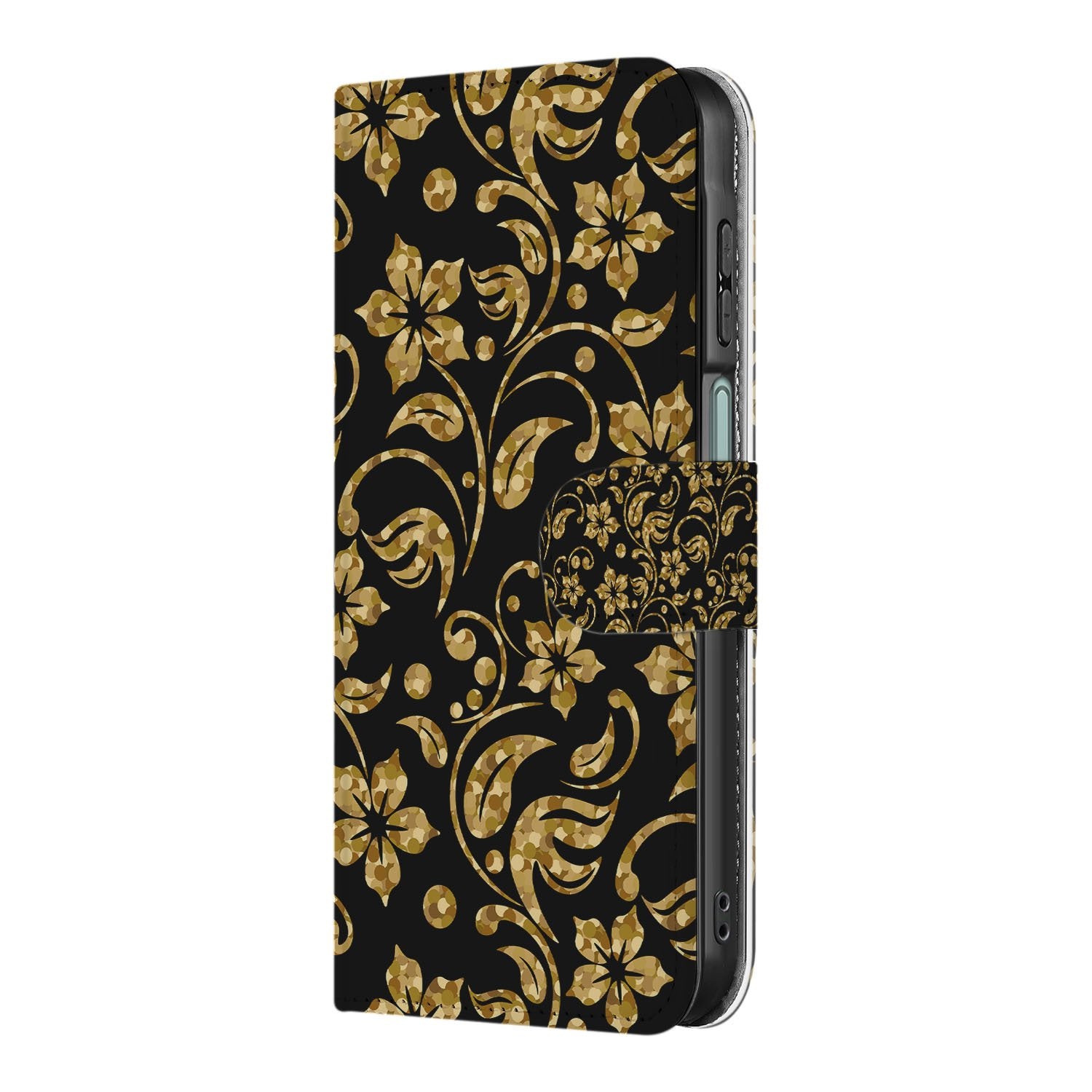 Samsung Galaxy A17 Boekhoes Gouden Bloemen Met Pasjesvak bloemen goud zwart design zijkant
