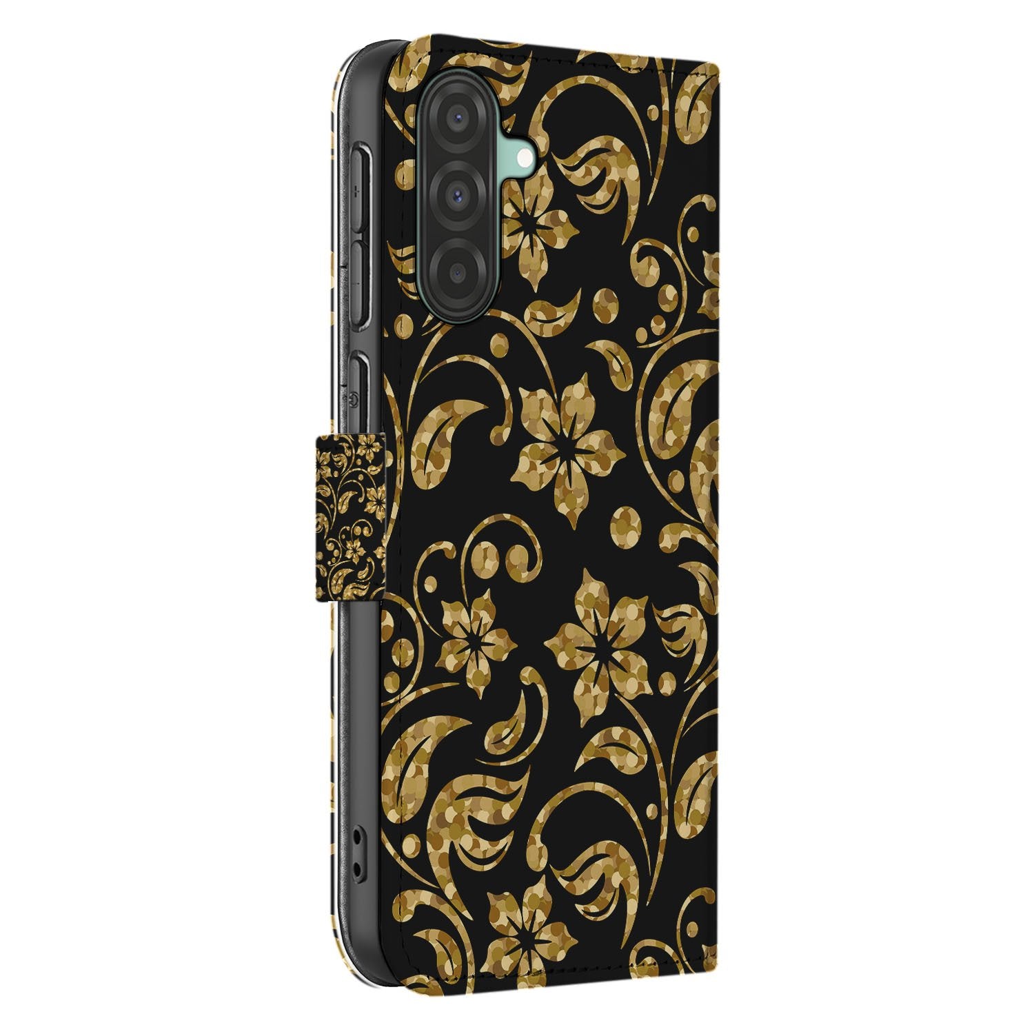 Samsung Galaxy A17 Boekhoes Gouden Bloemen Met Pasjesvak boekhoes gouden bloemen zwart zijkant