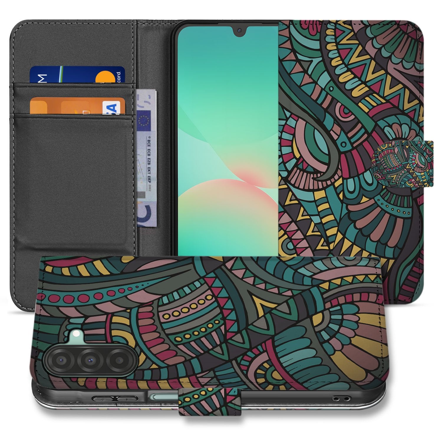 Samsung Galaxy A17 Boekhoesje Aztec Met 3 Pasjes Print boekhoesje aztec print voorkant