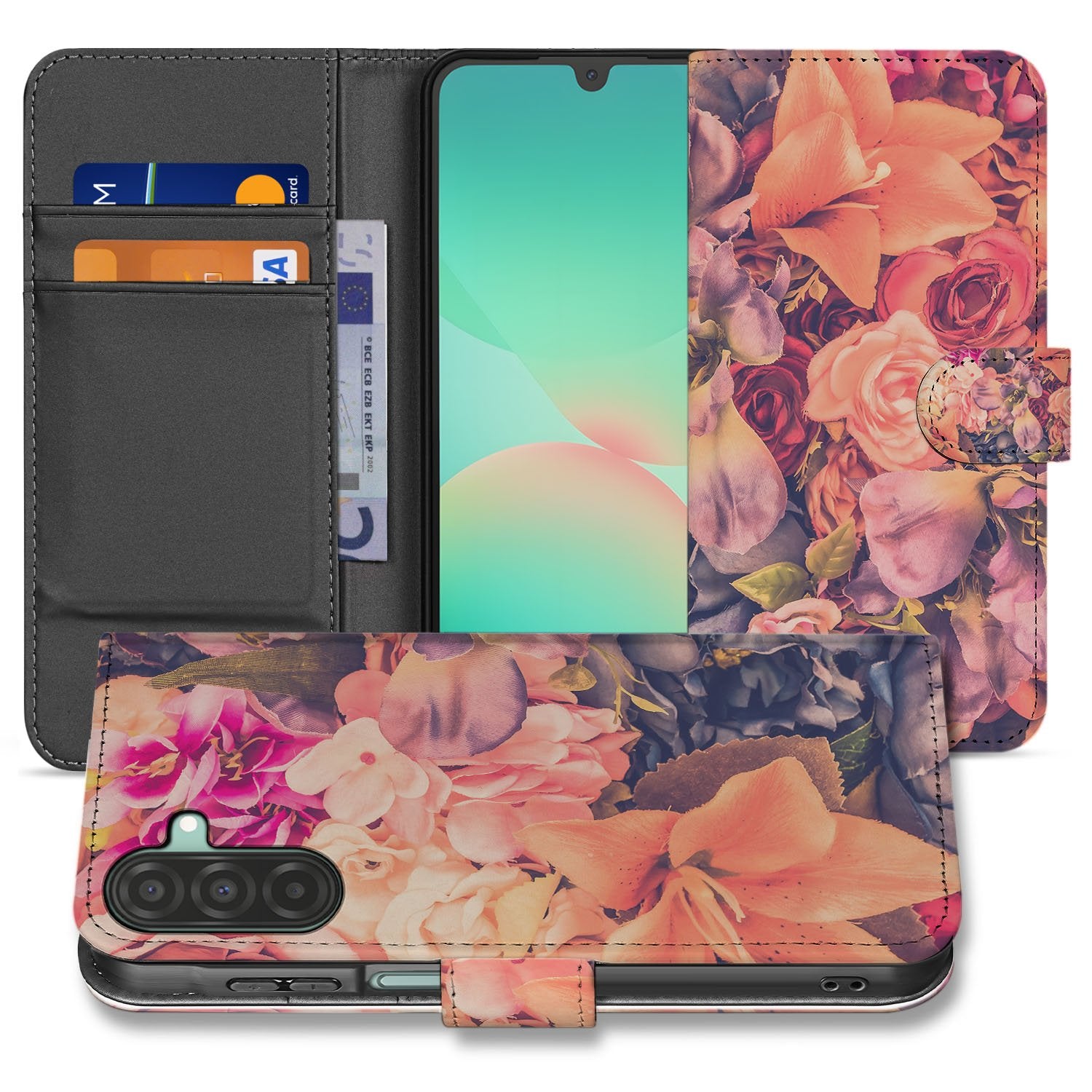 Samsung Galaxy A17 Boekhoesje Bloemen Met 3 Pasjes Roze Oranje Paars design bloemenprint aanzicht