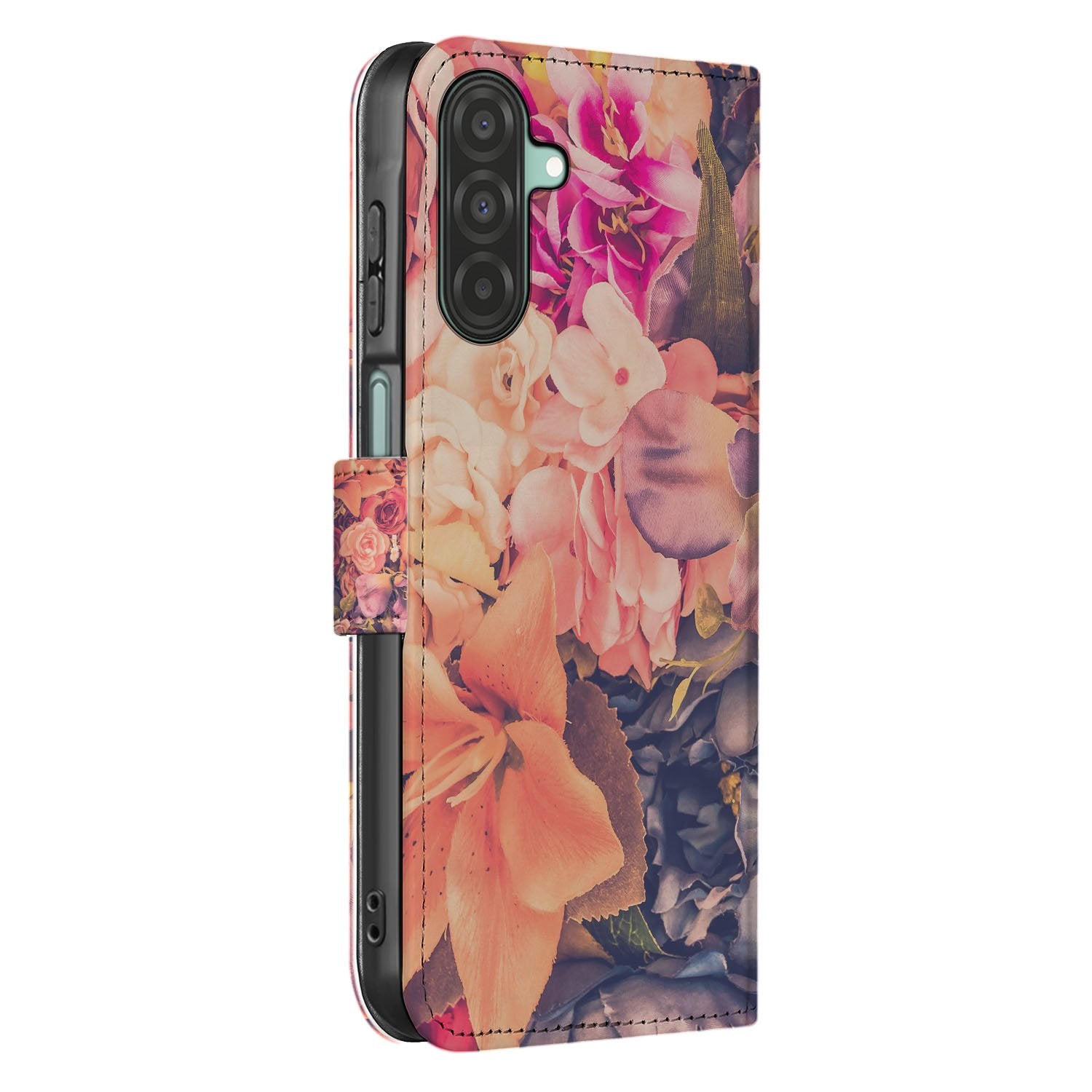Samsung Galaxy A17 Boekhoesje Bloemen Met 3 Pasjes Roze Oranje Paars zij-aanzicht bloemenprint