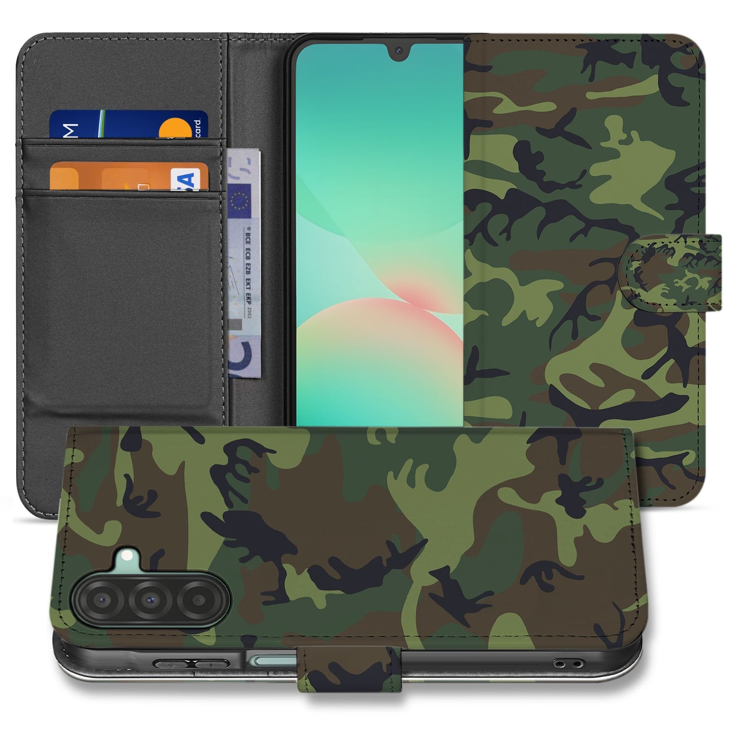 Samsung Galaxy A17 Boekhoesje Camouflage Army Dark Met Pasjes camouflage groen bruin voorkant achterkant