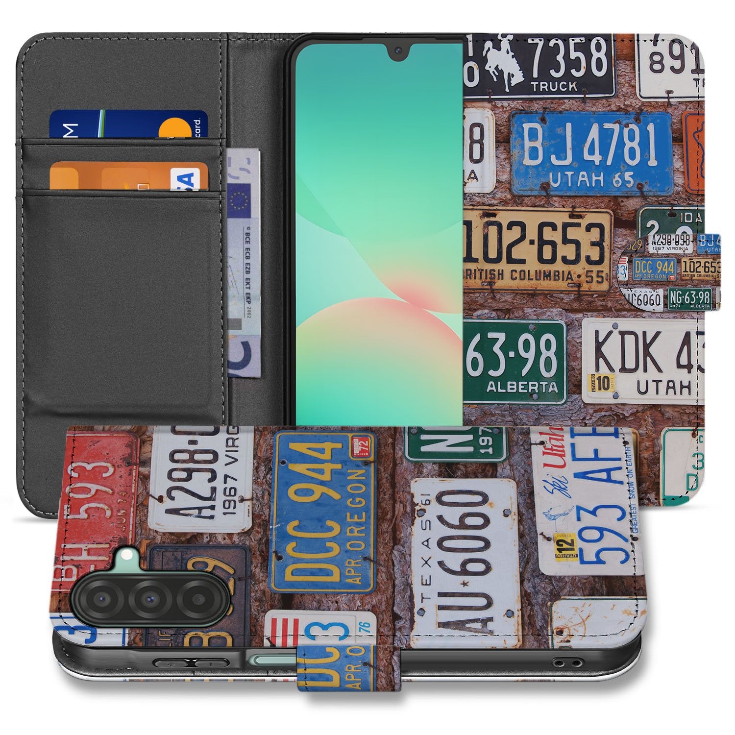 Samsung Galaxy A17 Boekhoesje Kentekenplaten Collage Met 3 Pasjes design kentekenplaten aanzicht