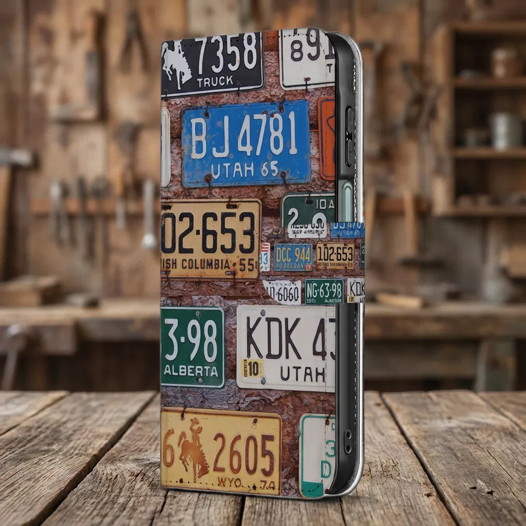 Samsung Galaxy A17 Boekhoesje Kentekenplaten Collage Met 3 Pasjes kleurrijk ontwerp zijaanzicht