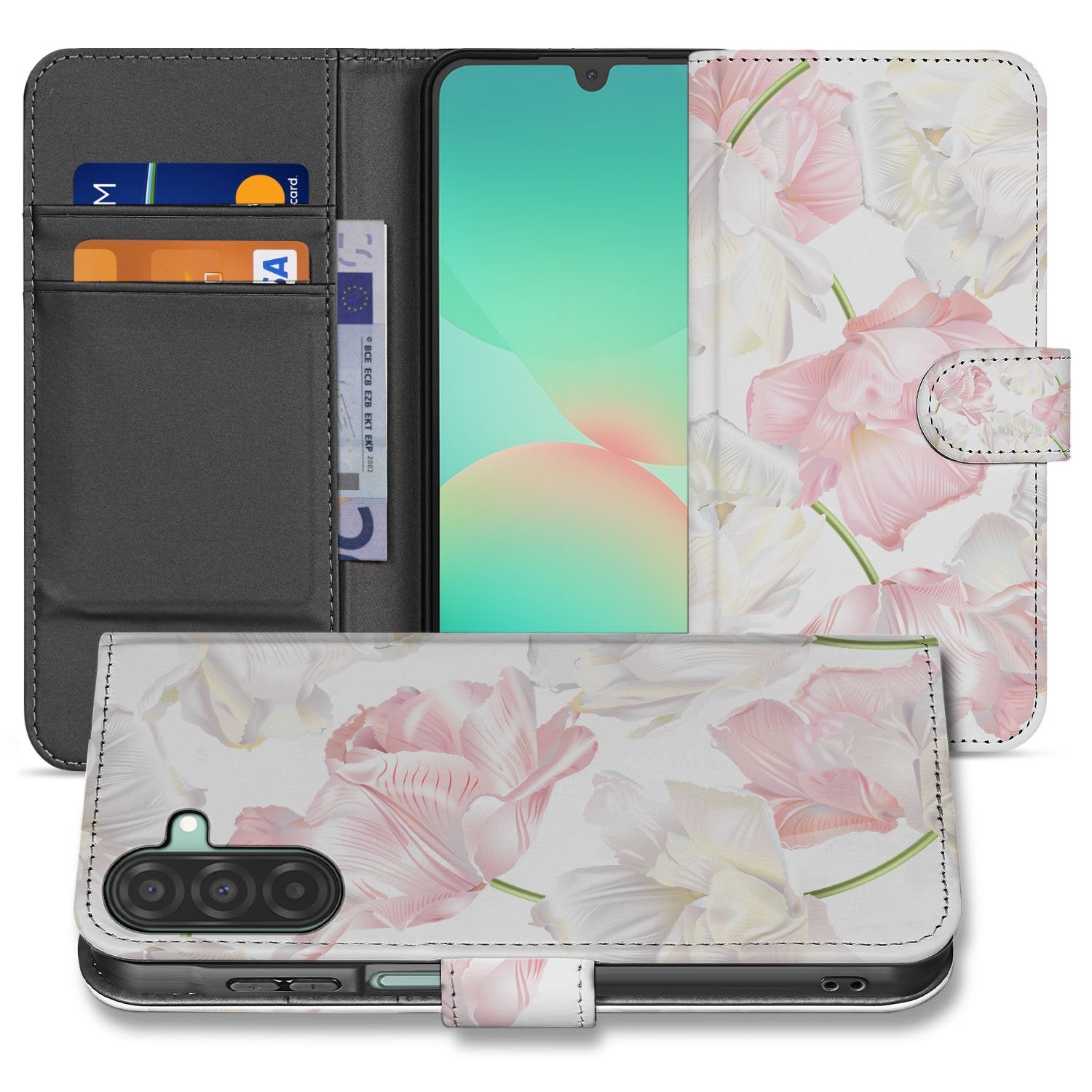 Samsung Galaxy A17 Boekhoesje Lovely Flowers Roze Wit Met Magneet boekhoesje lovely flowers roze wit aanzicht