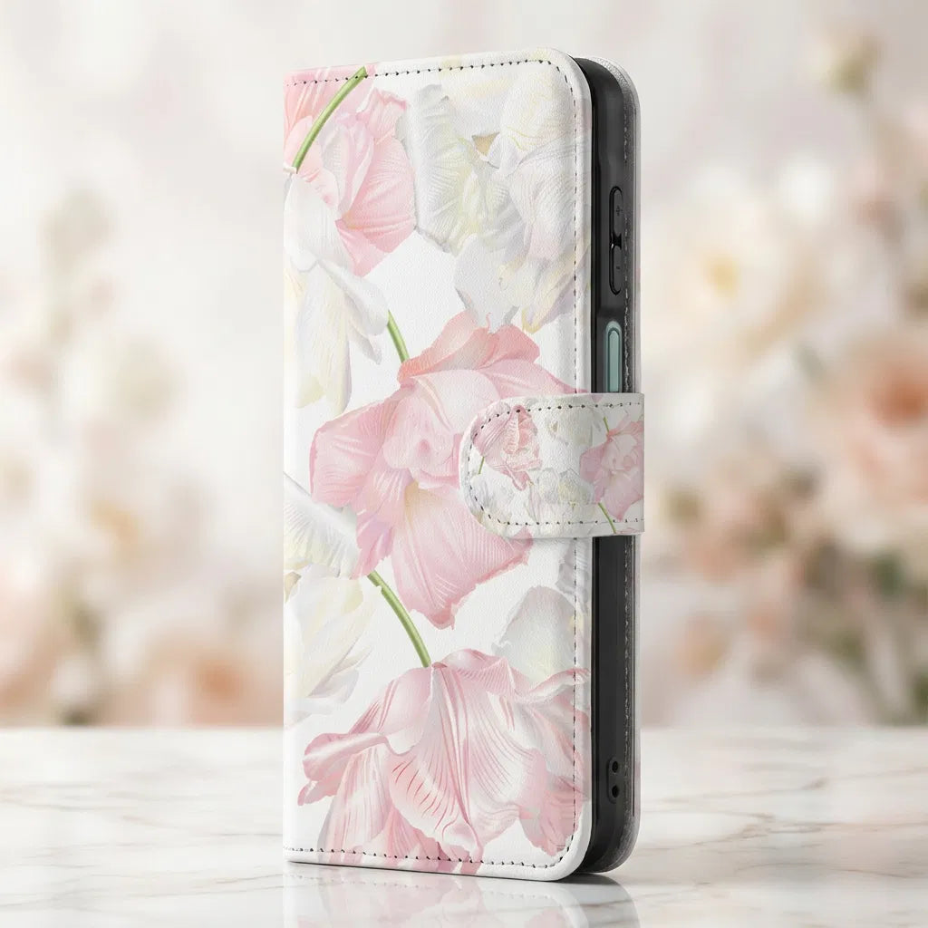 Samsung Galaxy A17 Boekhoesje Lovely Flowers Roze Wit Met Magneet boekhoesje bloemen roze wit zijaanzicht