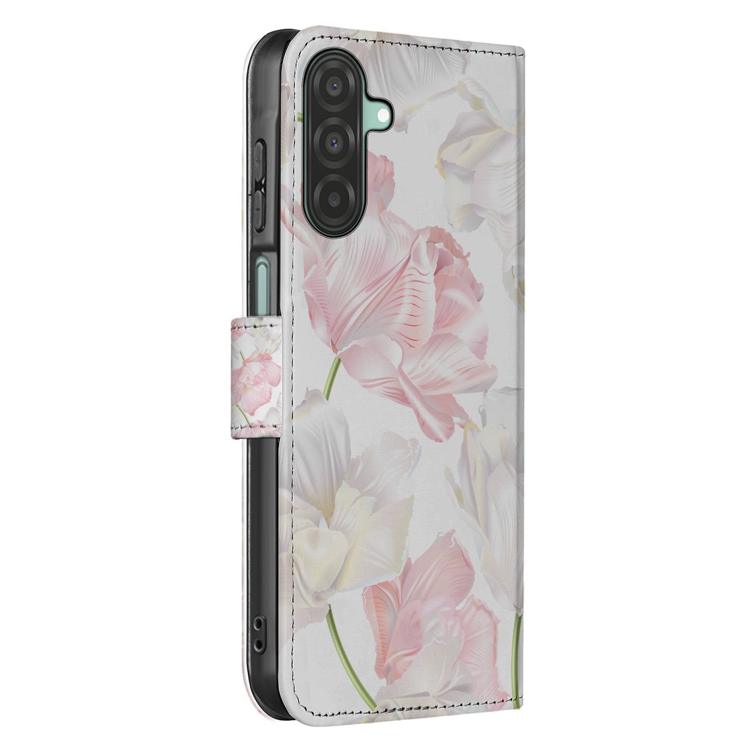 Samsung Galaxy A17 Boekhoesje Lovely Flowers Roze Wit Met Magneet boekhoesje bloemen design zijaanzicht