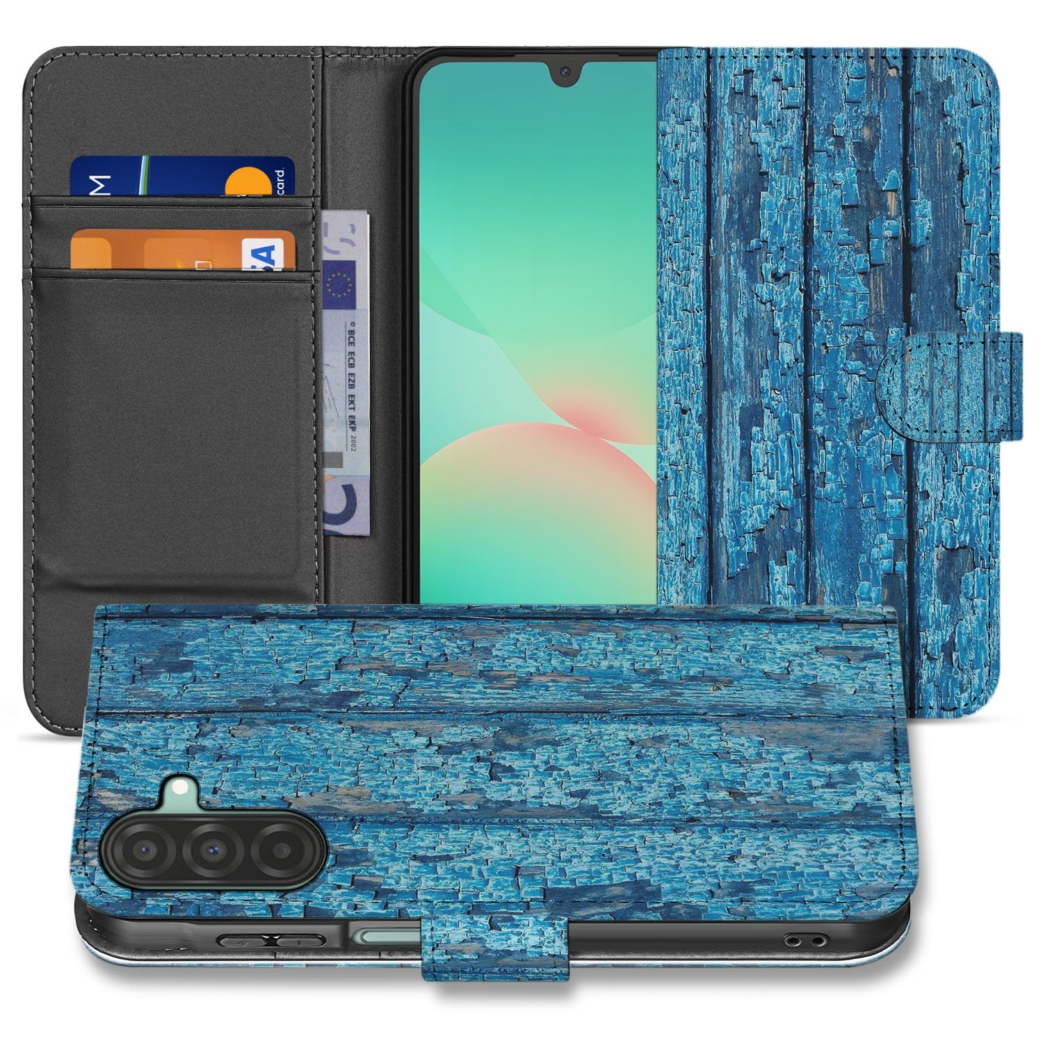 Samsung Galaxy A17 Book Case Afgebladderd Blauw Hout Met Pasjes design afgebladderd aanzicht voorkant