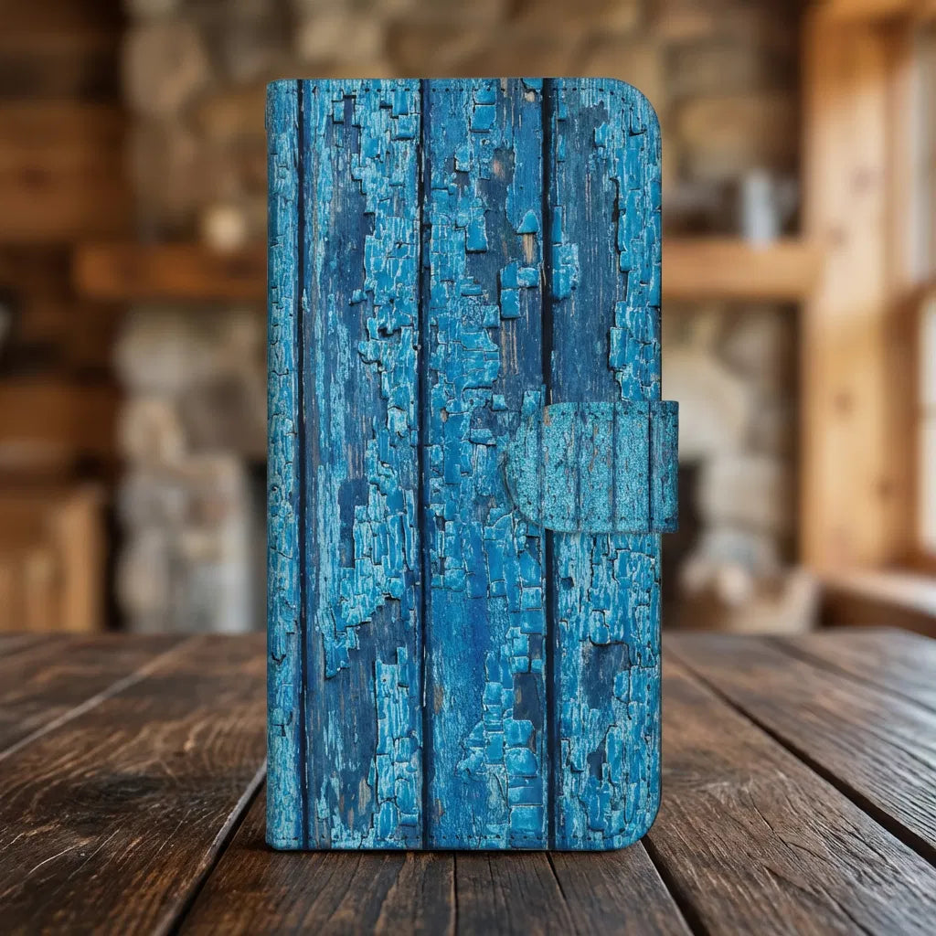 Samsung Galaxy A17 Book Case Afgebladderd Blauw Hout Met Pasjes design afgebladderd blauw hout aanzicht