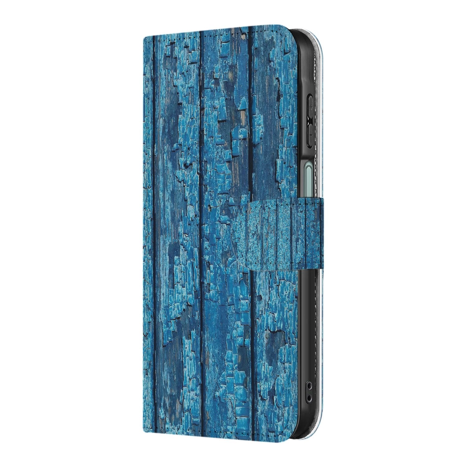 Samsung Galaxy A17 Book Case Afgebladderd Blauw Hout Met Pasjes zijaanzicht