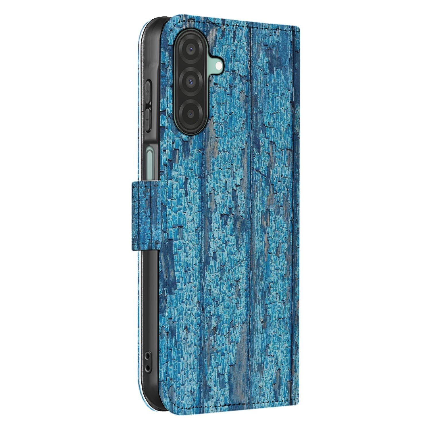 Samsung Galaxy A17 Book Case Afgebladderd Blauw Hout Met Pasjes design afgebladderd aanzicht