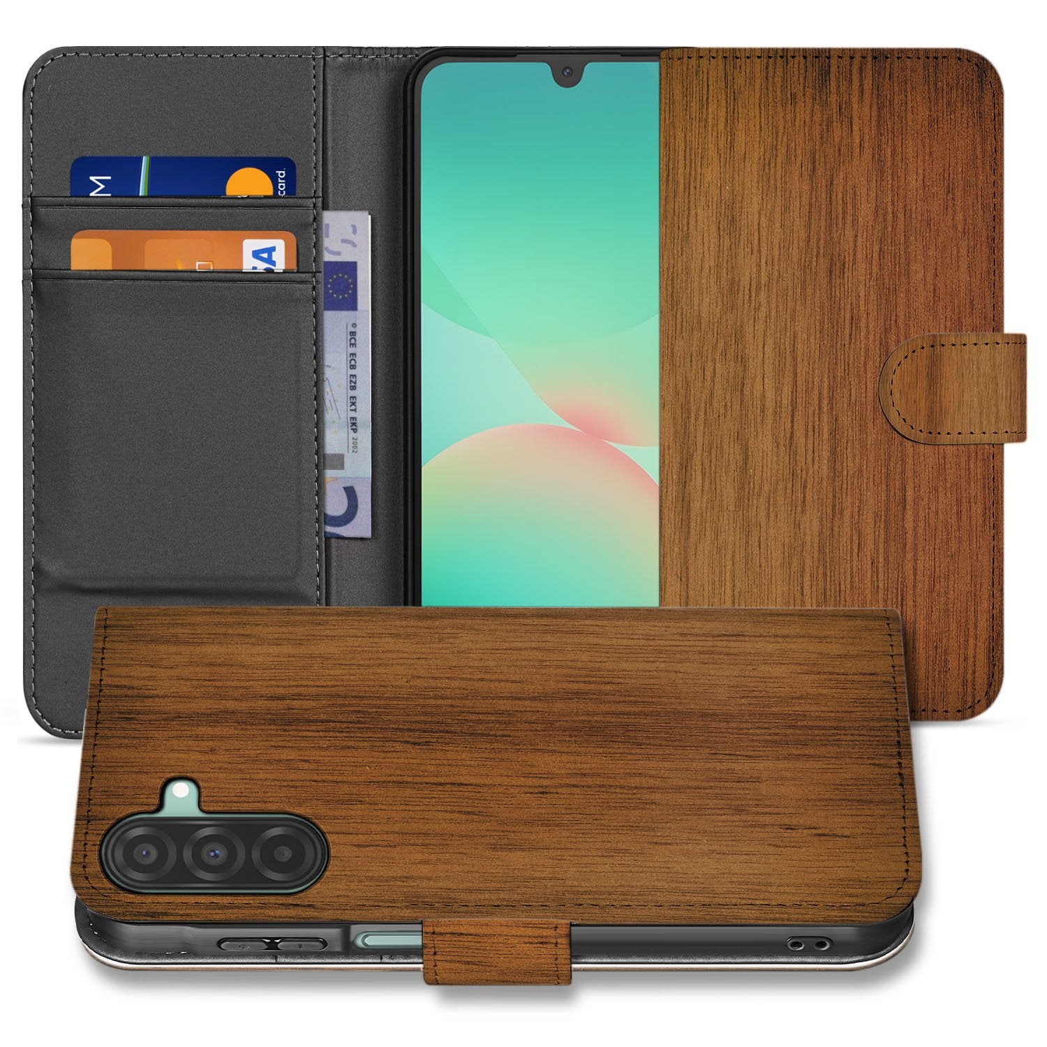 Samsung Galaxy A17 Book Case Donker Hout Met Pasjeshouder bookcase donker hout aanzicht