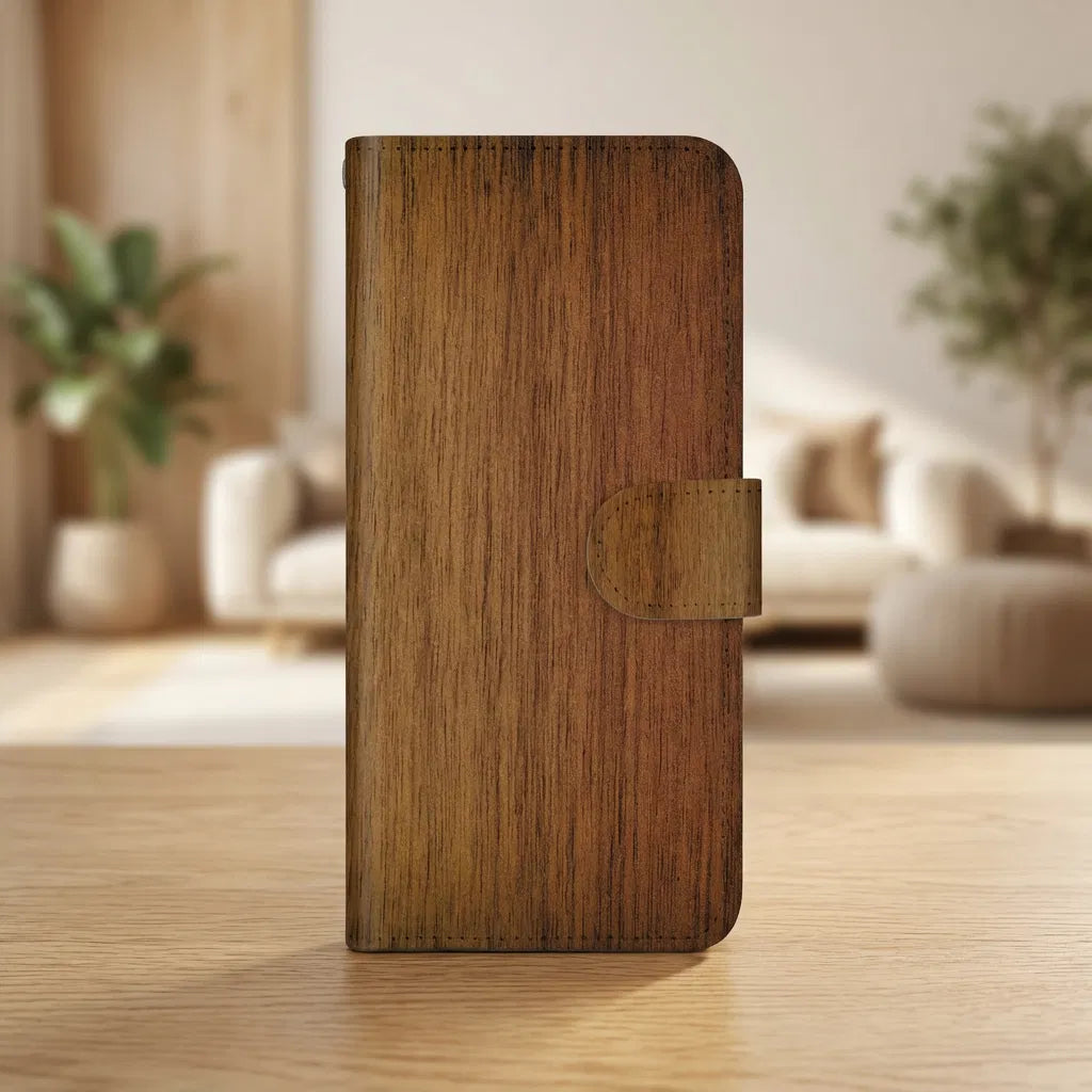 Samsung Galaxy A17 Book Case Donker Hout Met Pasjeshouder bookcase donker hout zijaanzicht