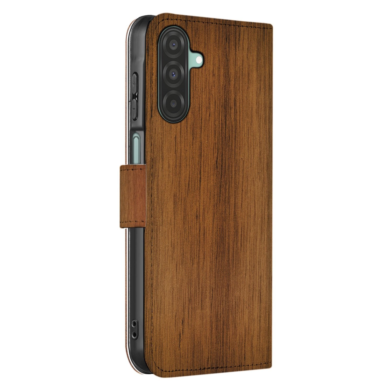 Samsung Galaxy A17 Book Case Donker Hout Met Pasjeshouder bookcase donker hout zijkant