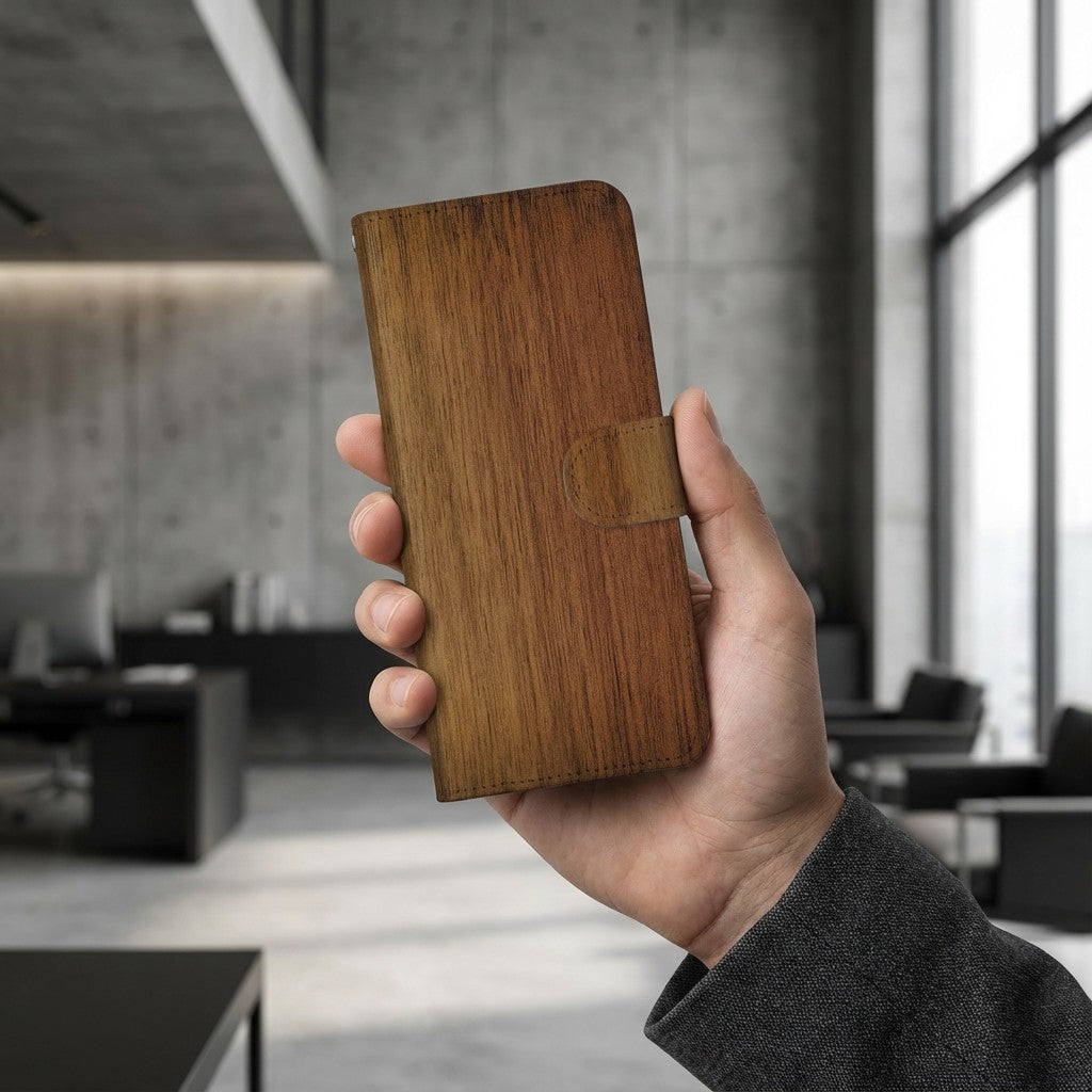 Samsung Galaxy A17 Book Case Donker Hout Met Pasjeshouder donker hout design hand