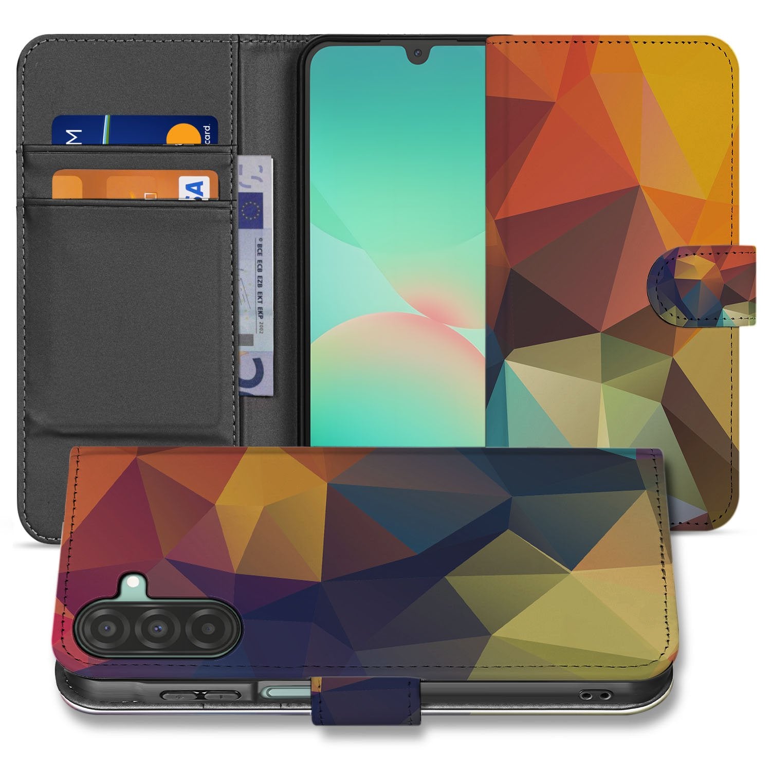 Samsung Galaxy A17 Book Case Polygon Color Met 3 Pasjes en Kunstzinnig Design boekhoesje kleurrijk vooraanzicht