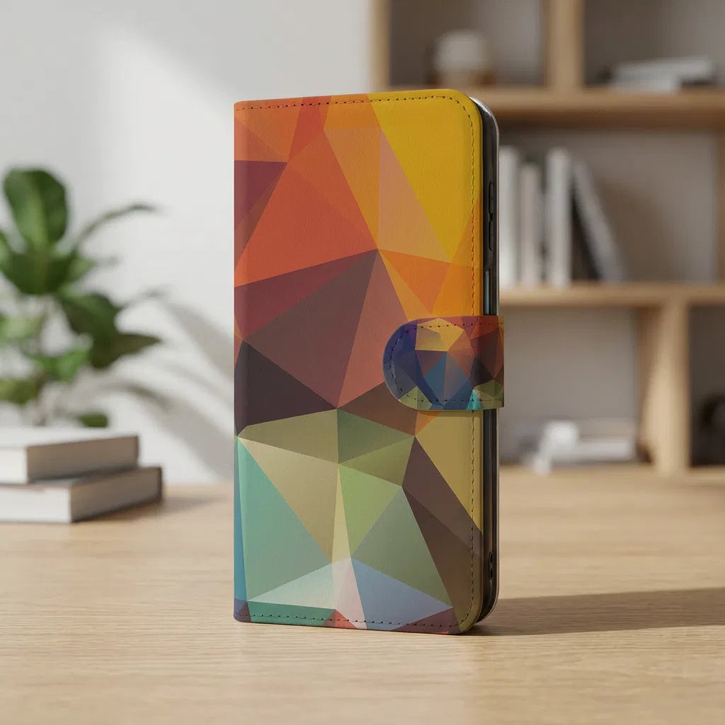 Samsung Galaxy A17 Book Case Polygon Color Met 3 Pasjes en Kunstzinnig Design kleurrijk polygon patroon aanzicht