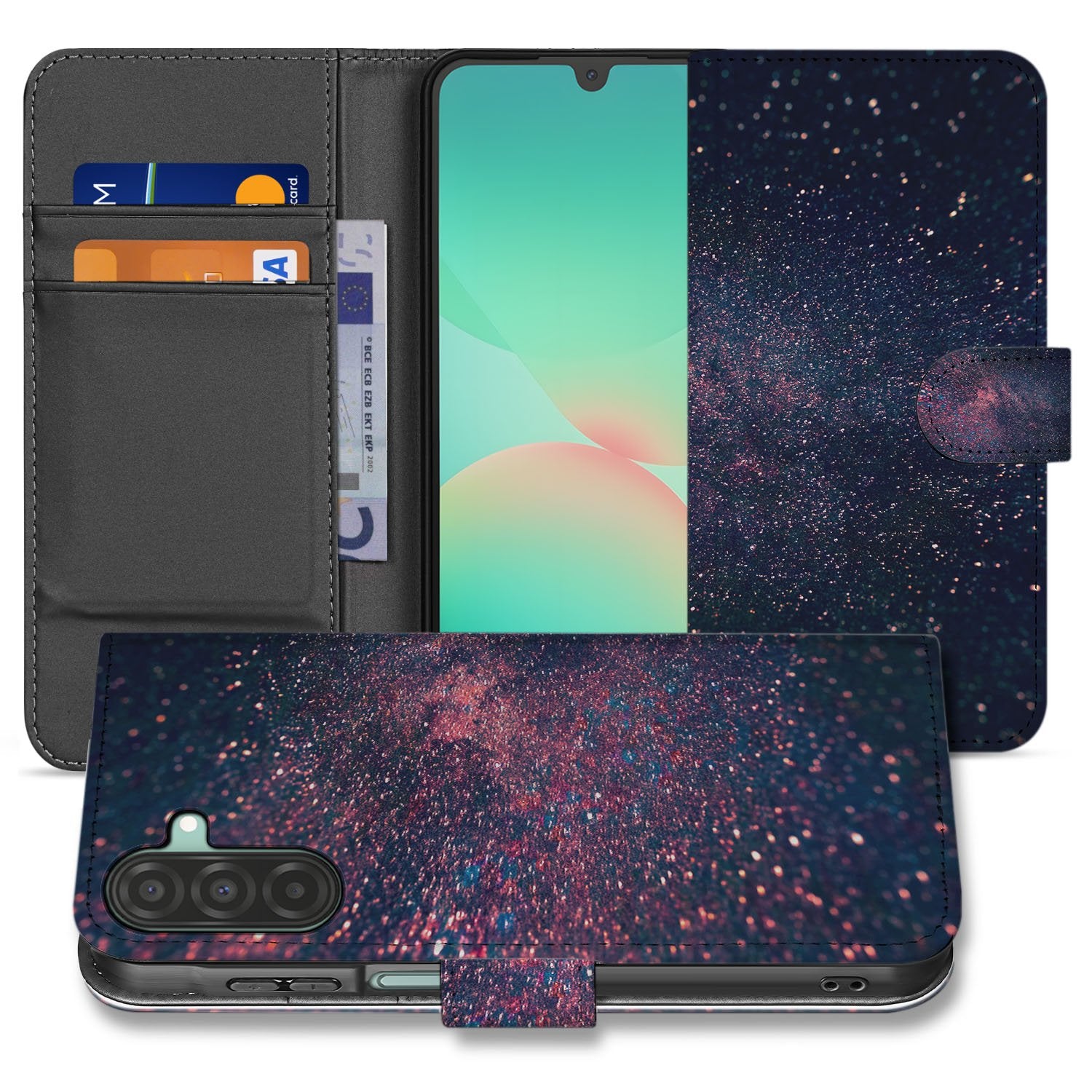 Samsung Galaxy A17 Book Case Stars Paars Blauw Glitter Hoesje Met 3 Pasjes voorkant binnenzijde