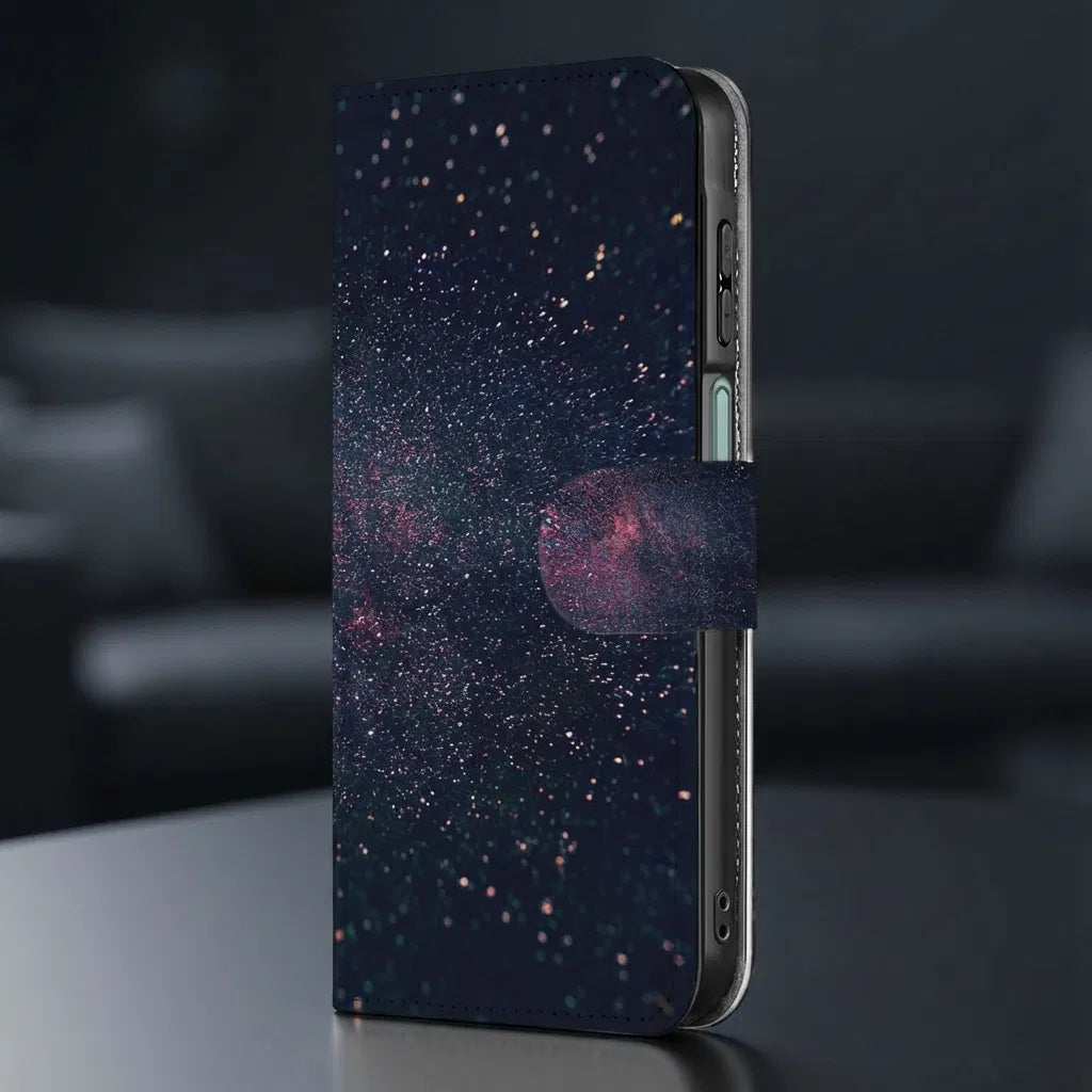 Samsung Galaxy A17 Book Case Stars Paars Blauw Glitter Hoesje Met 3 Pasjes boekhoesje galaxy sterren ontwerp