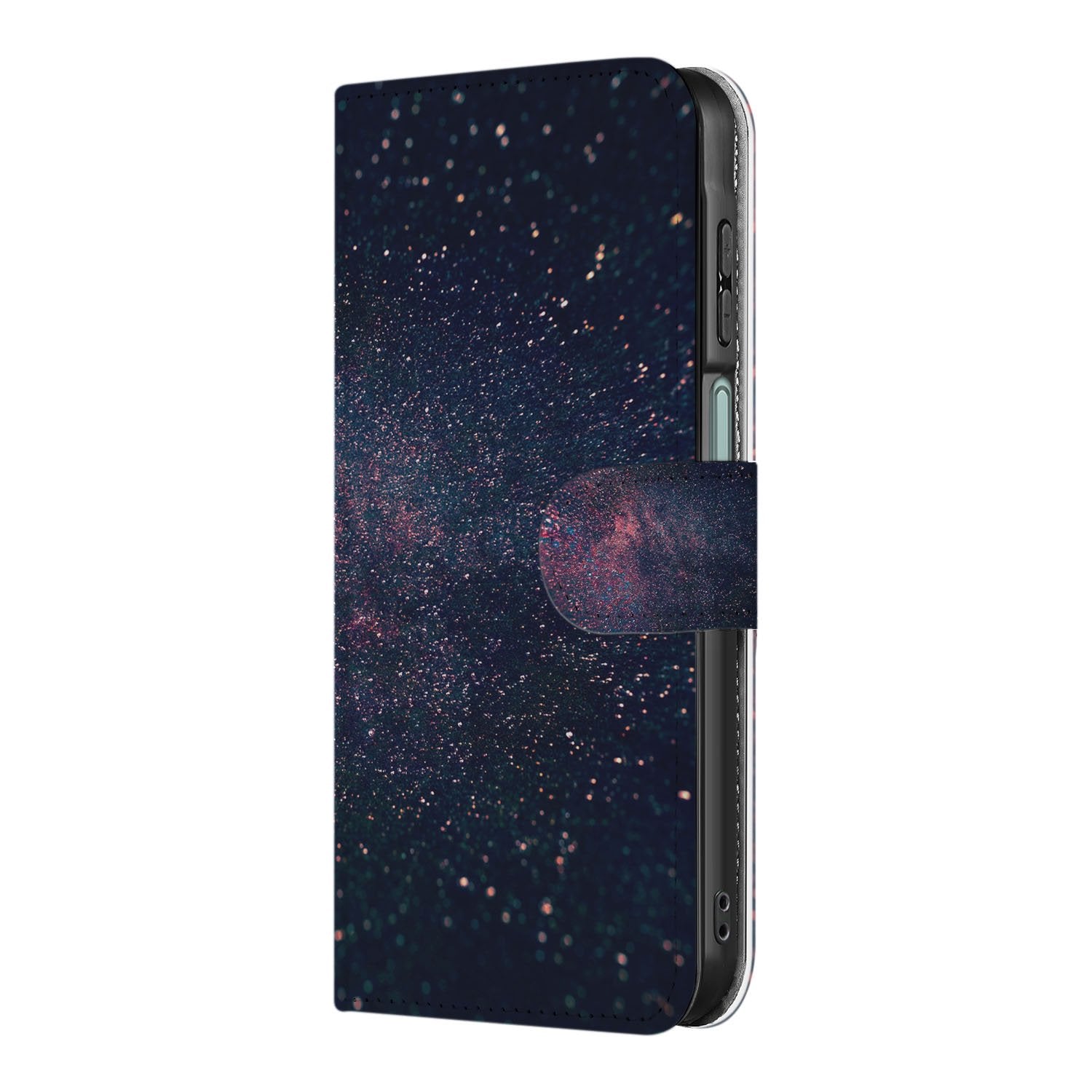 Samsung Galaxy A17 Book Case Stars Paars Blauw Glitter Hoesje Met 3 Pasjes boekhoesje design sterren aanzicht