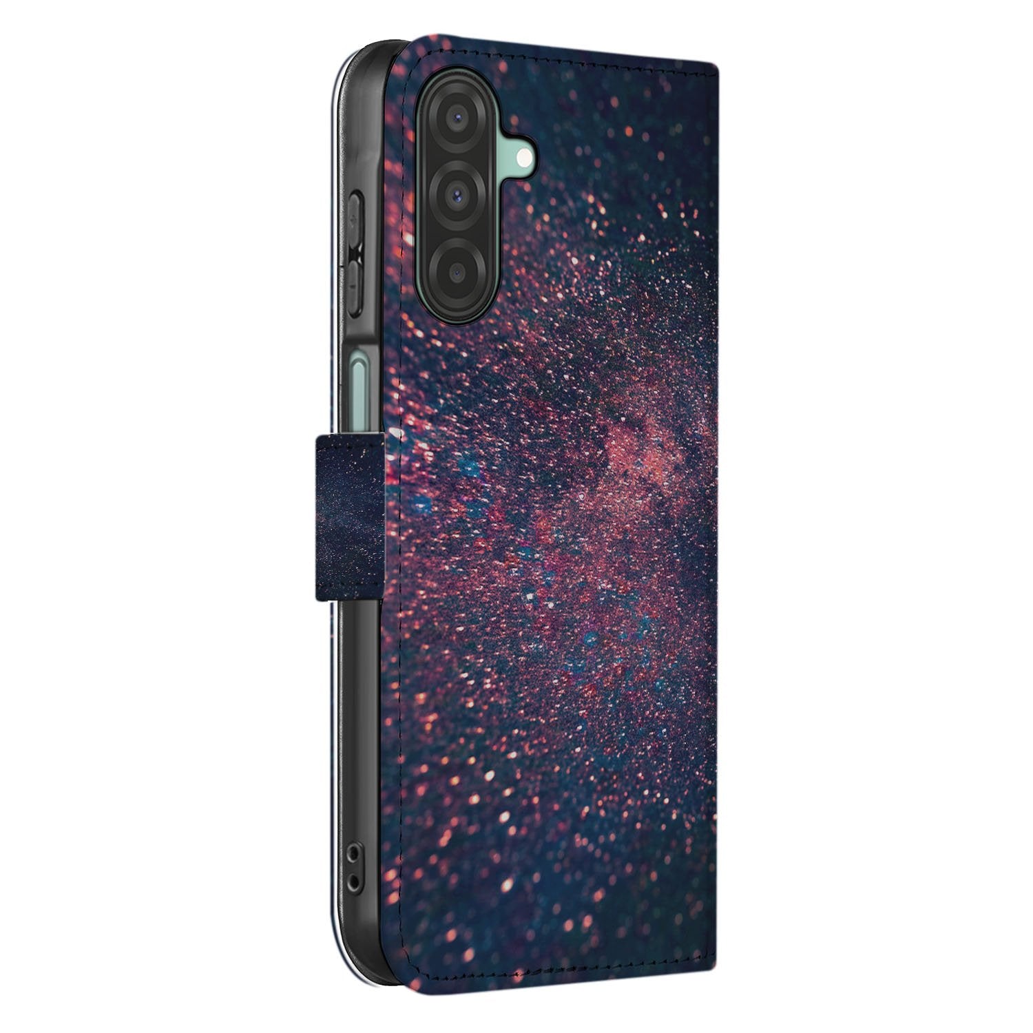 Samsung Galaxy A17 Book Case Stars Paars Blauw Glitter Hoesje Met 3 Pasjes zijaanzicht