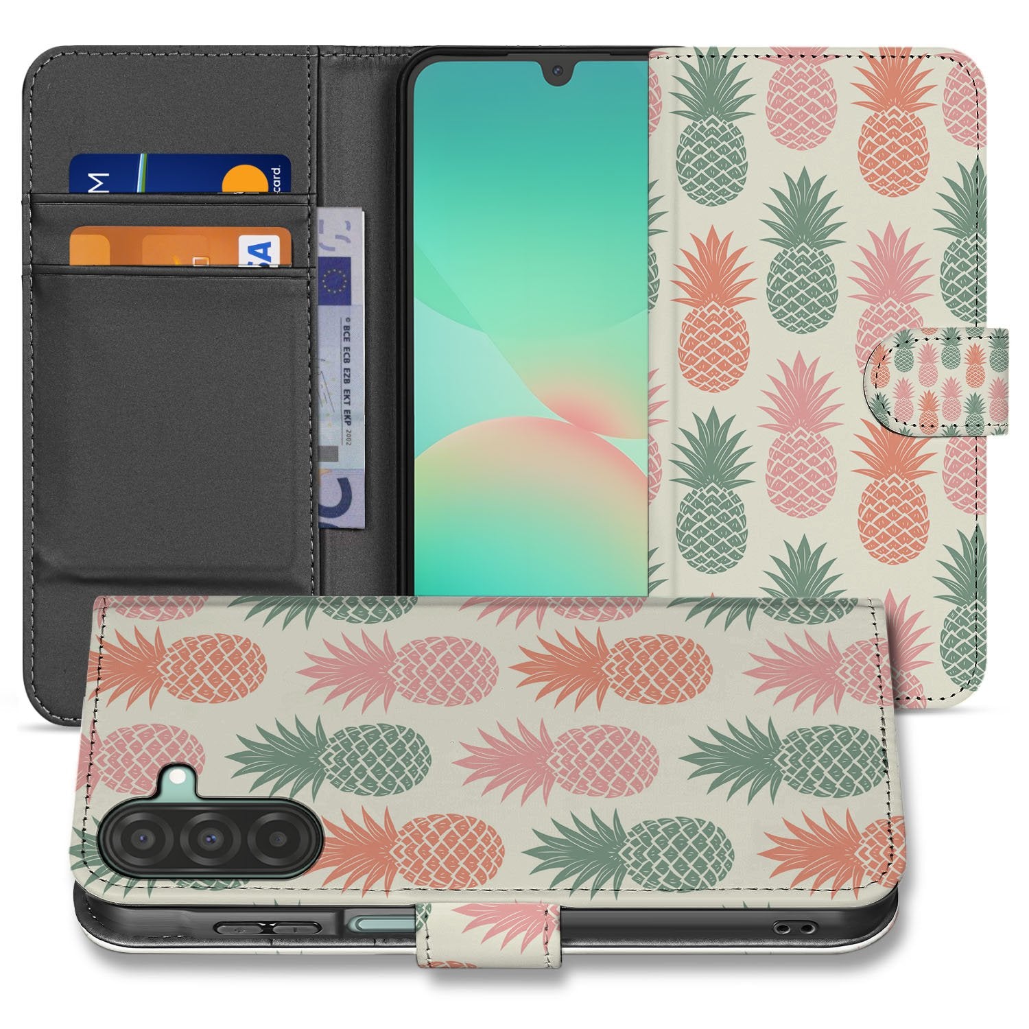 Samsung Galaxy A17 Book Cover Ananas Roze Rood Groen Met Pasjes bookcase voorkant ananasprint