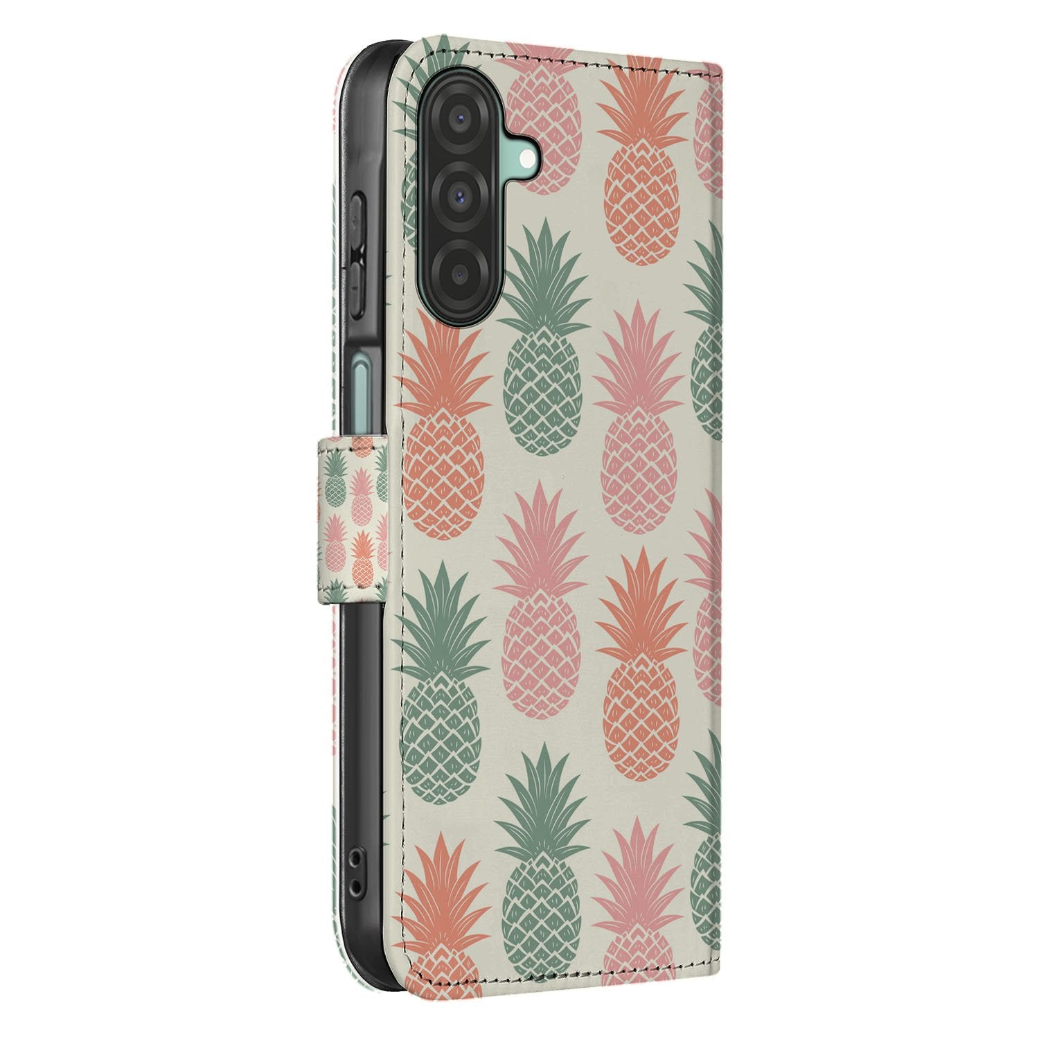 Samsung Galaxy A17 Book Cover Ananas Roze Rood Groen Met Pasjes bookcase ananasprint zijaanzicht