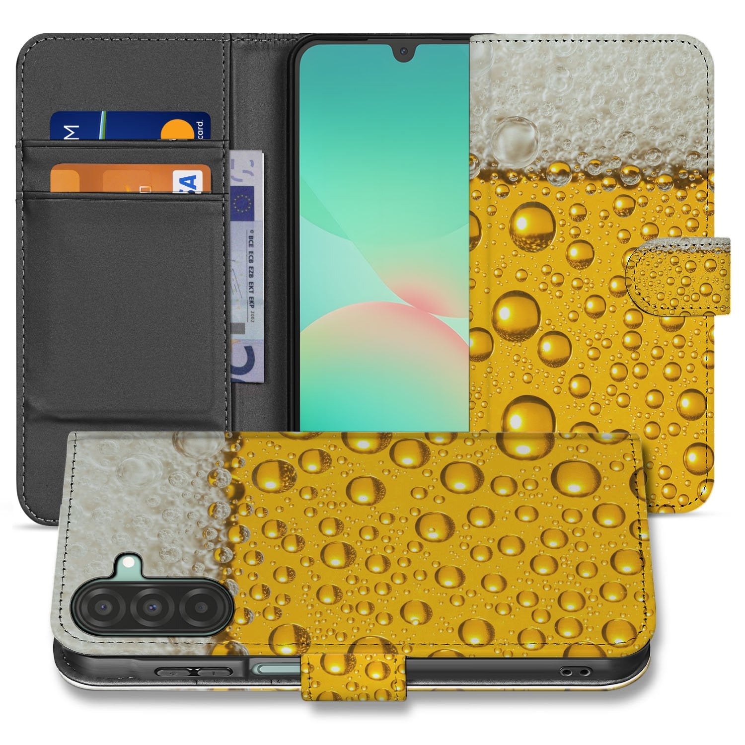 Samsung Galaxy A17 Book Cover Met Bier Print En Magnetische Sluiting boekhoesje bierprint geel wit voorkant