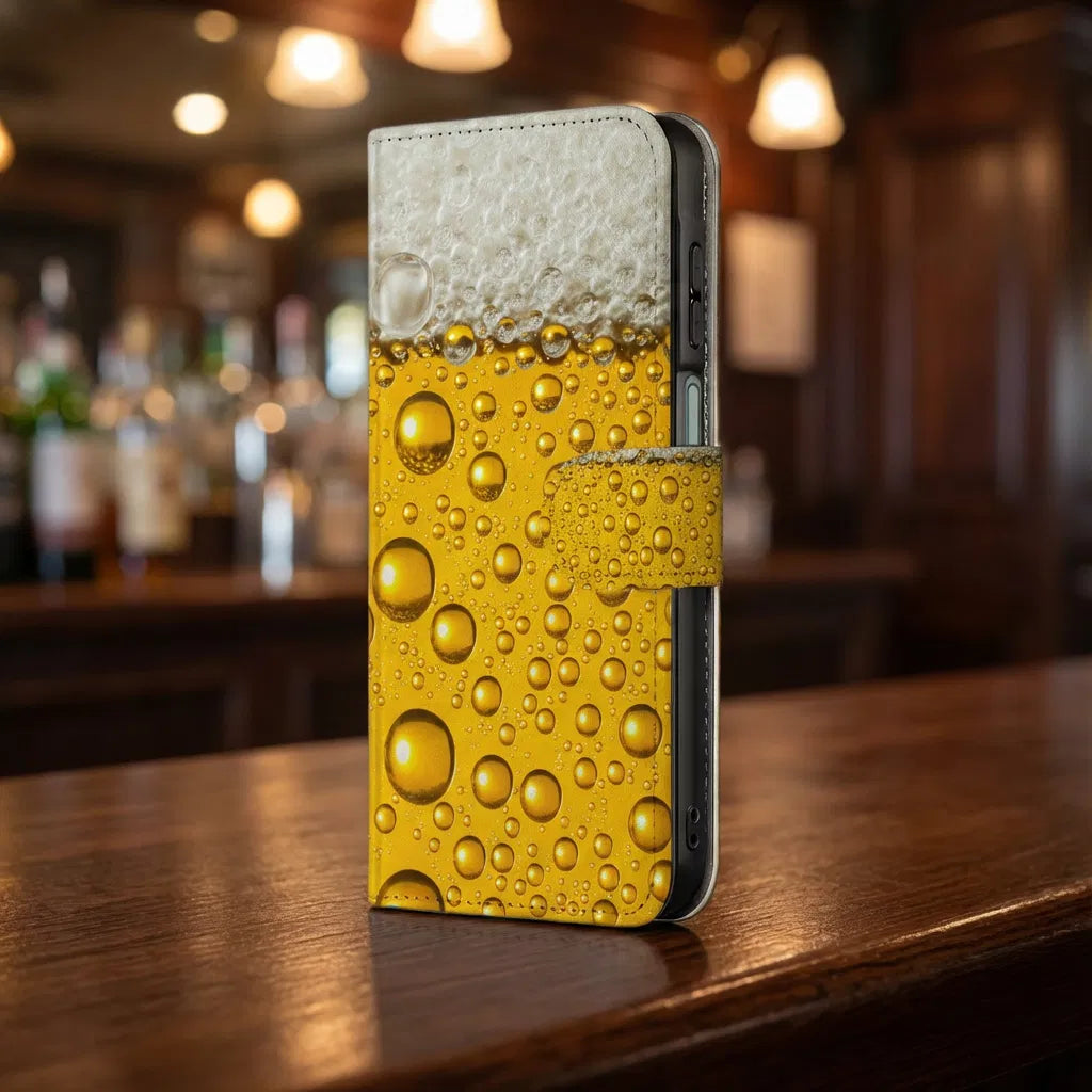 Samsung Galaxy A17 Book Cover Met Bier Print En Magnetische Sluiting bierprint geel wit design front