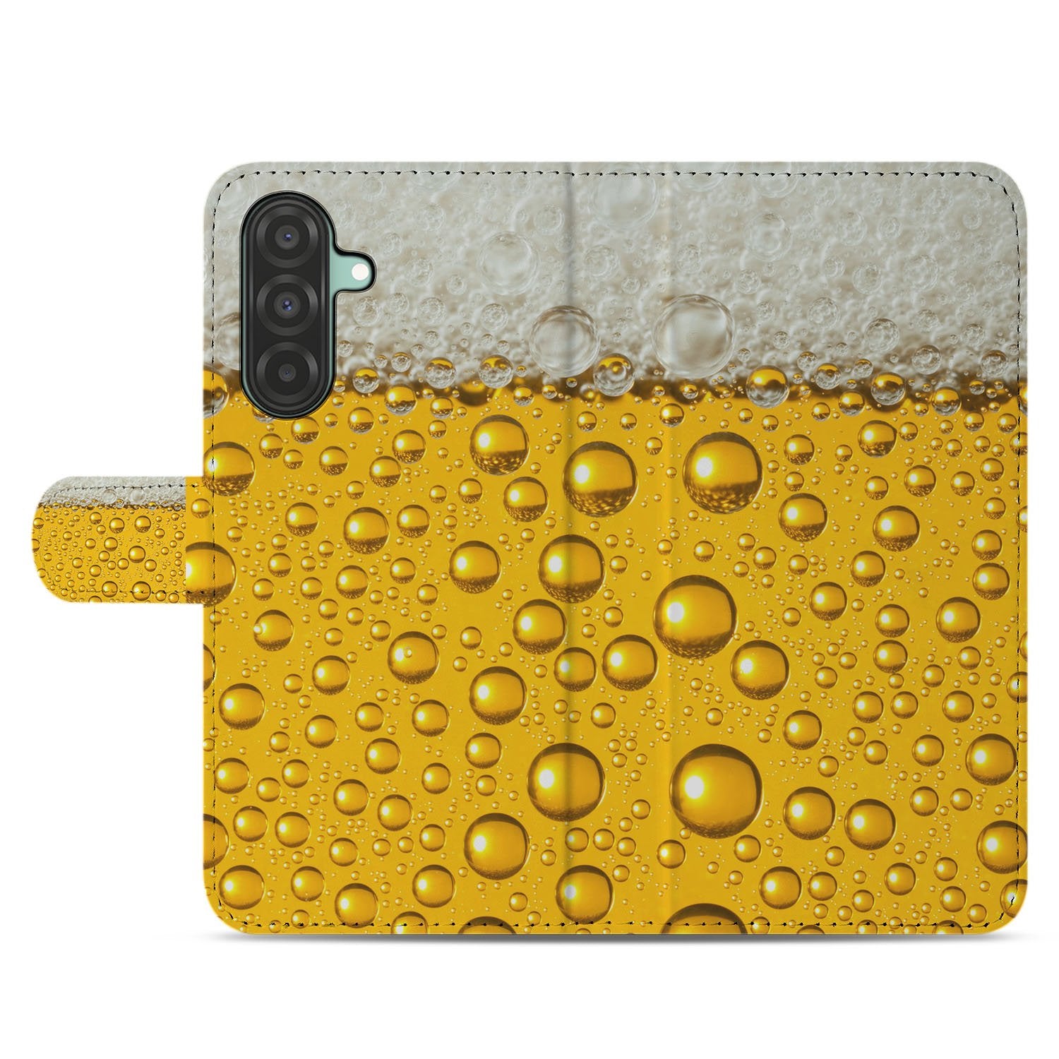 Samsung Galaxy A17 Book Cover Met Bier Print En Magnetische Sluiting bierprint met bubbels geel wit design detail