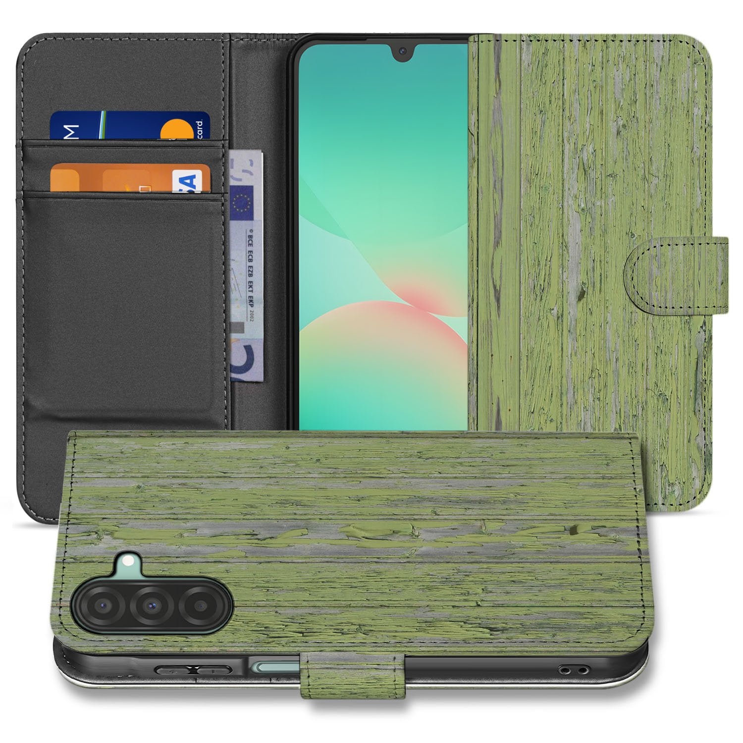Samsung Galaxy A17 Book Style Case Green Wood bookcase groen houtnerf aanzicht