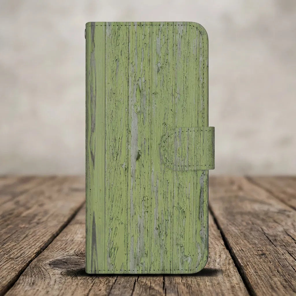 Samsung Galaxy A17 Book Style Case Green Wood boekcase groen houtdesign aanzicht