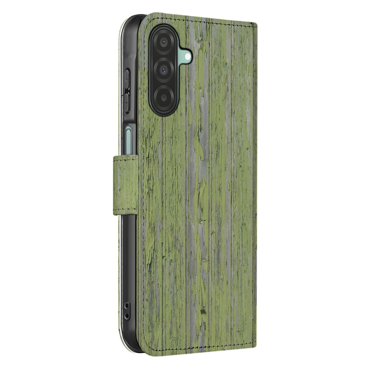 Samsung Galaxy A17 Book Style Case Green Wood bookcase groenhout ontwerp zijaanzicht