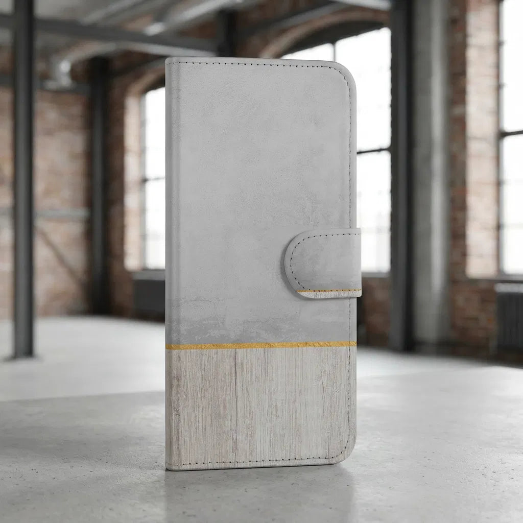 Samsung Galaxy A17 Book Style Case Wood Concrete boekhoesje grijs hout beton aanzicht