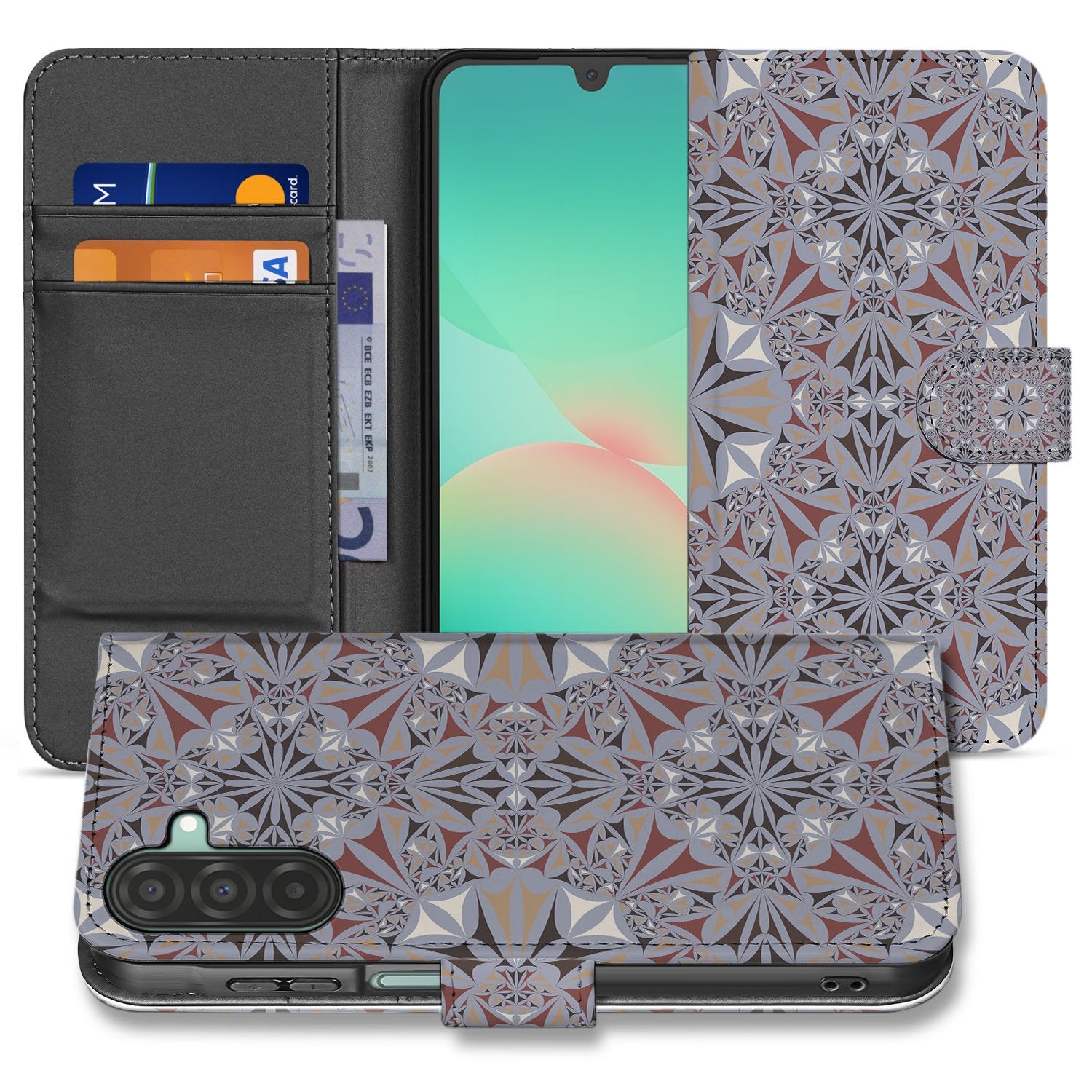 Samsung Galaxy A17 Bookcase Flower Tiles hoesje bloem tegels aanzicht