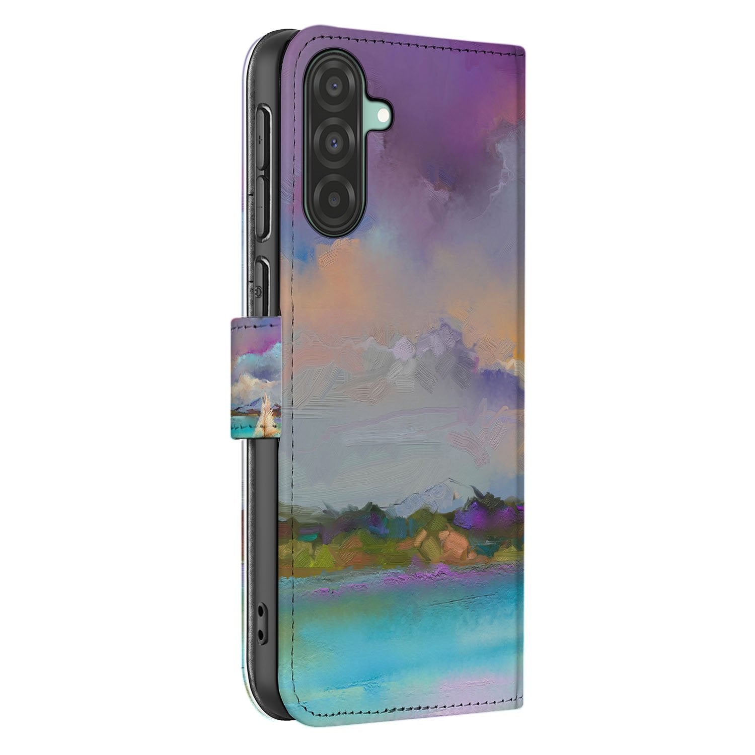 Samsung Galaxy A17 Bookcase Hoes Kunstleer Paars Blauw Groen boekcase hoesje artistiek design zijaanzicht