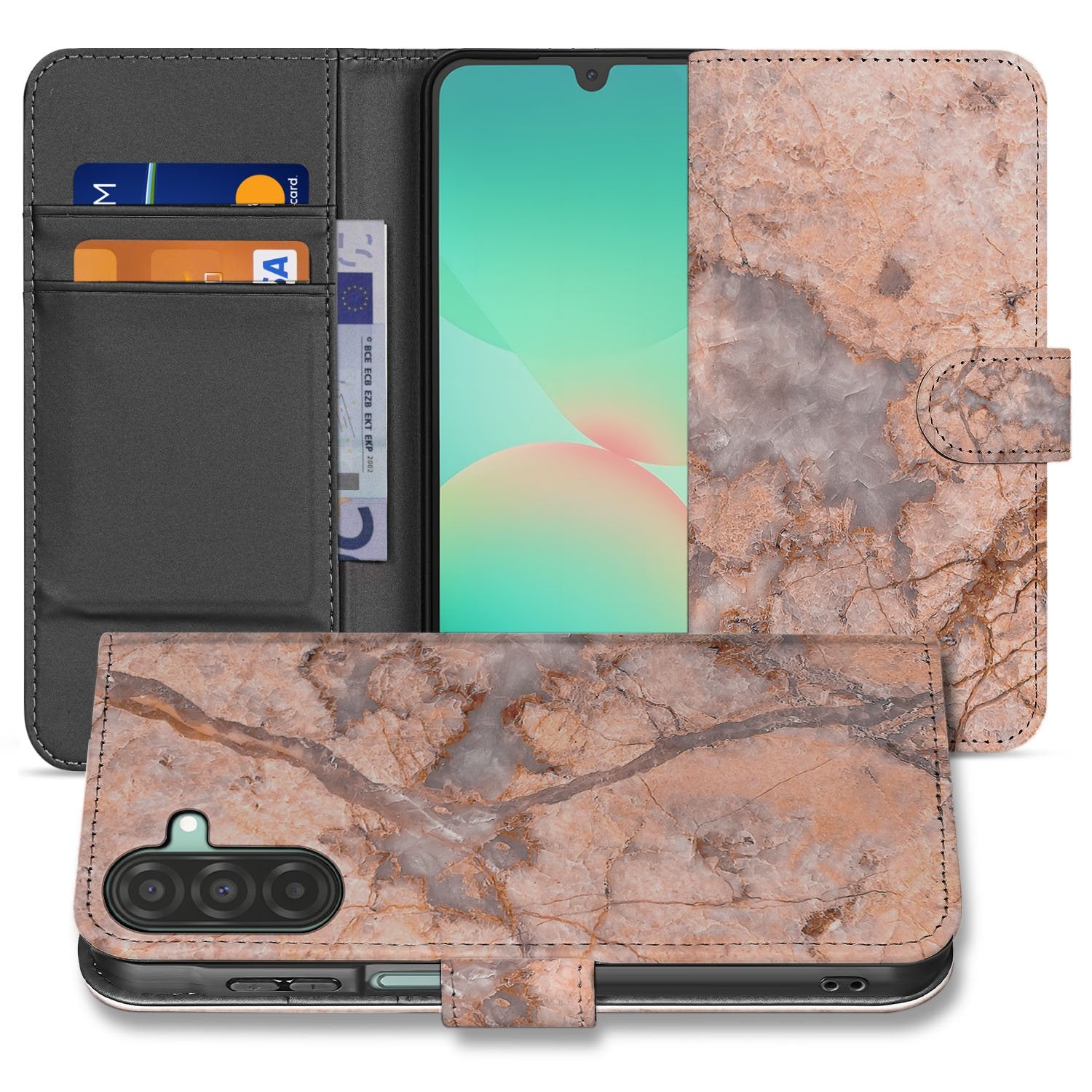 Samsung Galaxy A17 Bookcase Hoes Marmer Oranje Met Pasjes boekhoesje oranje marmerpatroon voorkant en achterkant