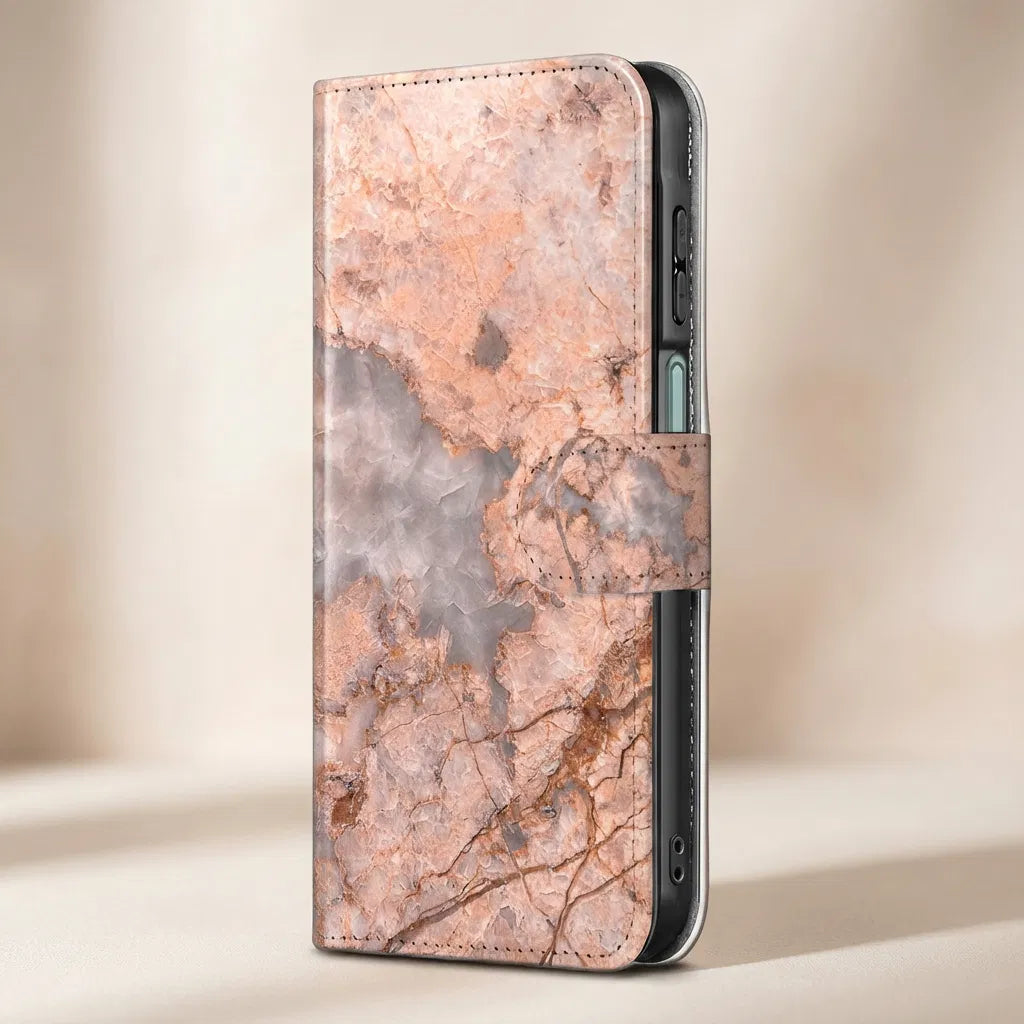 Samsung Galaxy A17 Bookcase Hoes Marmer Oranje Met Pasjes boekhoesje oranje marmer design zijaanzicht