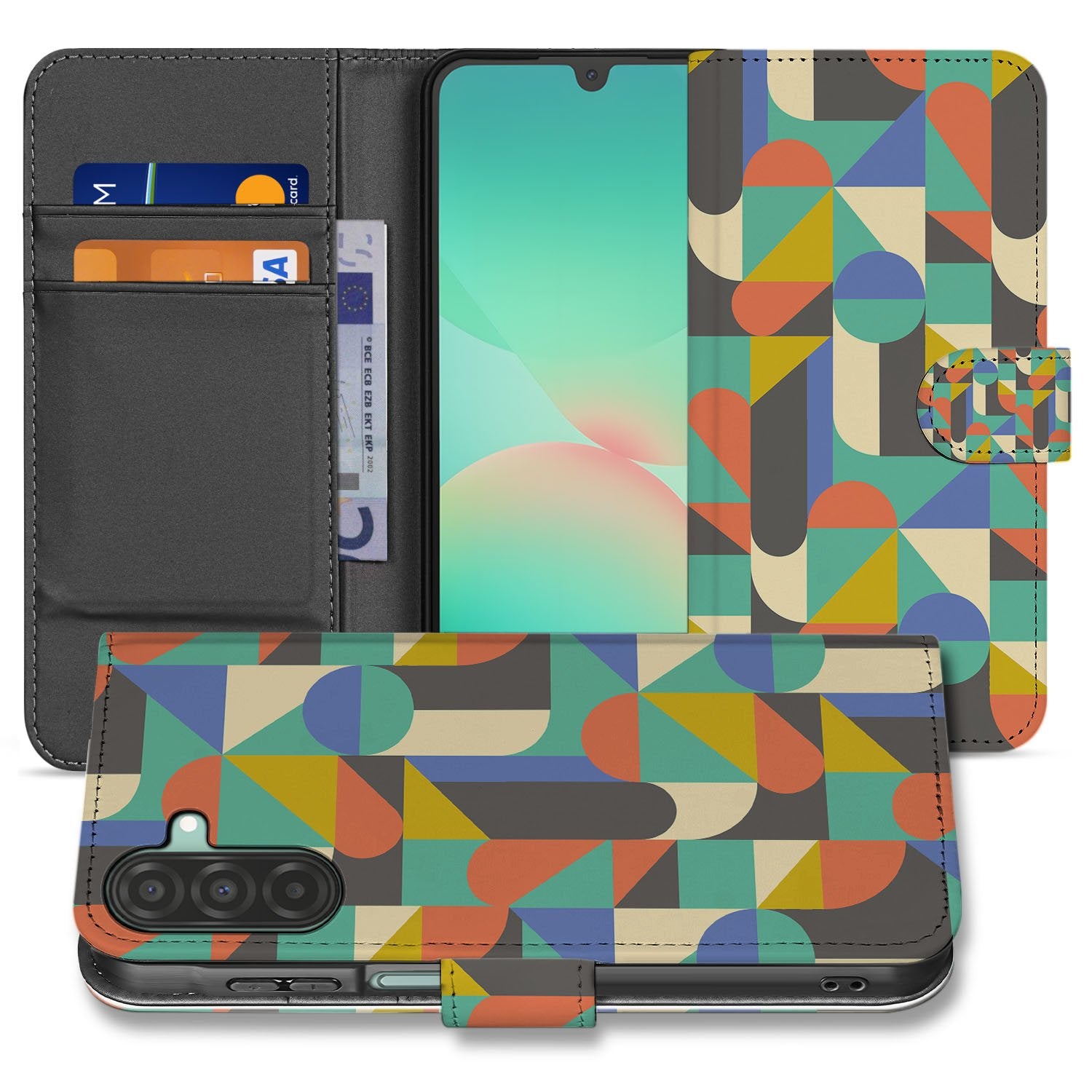 Samsung Galaxy A17 Bookcase Hoesje Funky Retro Pasjes Kunstleer geometrisch patroon kleurrijk design aanzicht