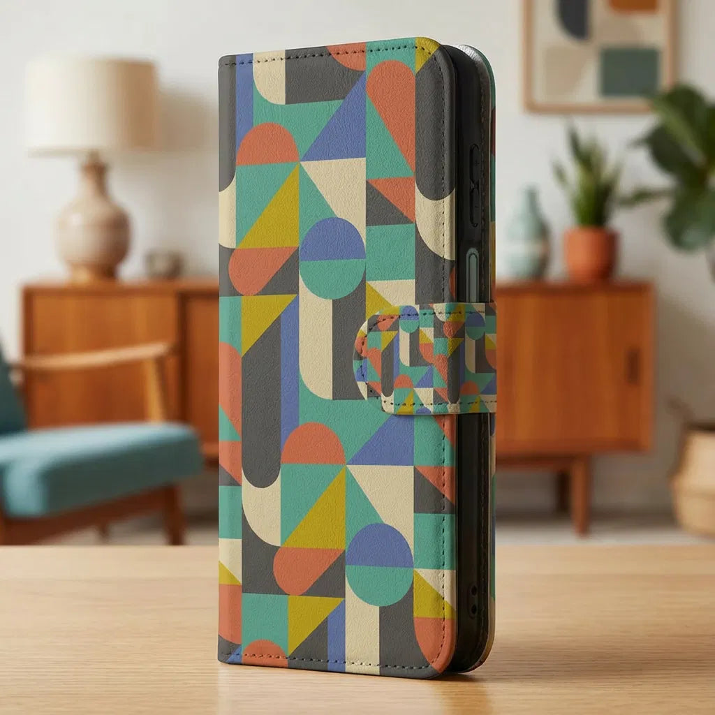 Samsung Galaxy A17 Bookcase Hoesje Funky Retro Pasjes Kunstleer designkleurig geometrisch aanzicht