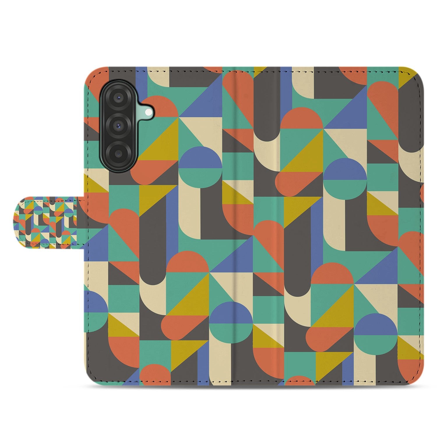Samsung Galaxy A17 Bookcase Hoesje Funky Retro Pasjes Kunstleer designnaam meerkleurig geometrisch patroon