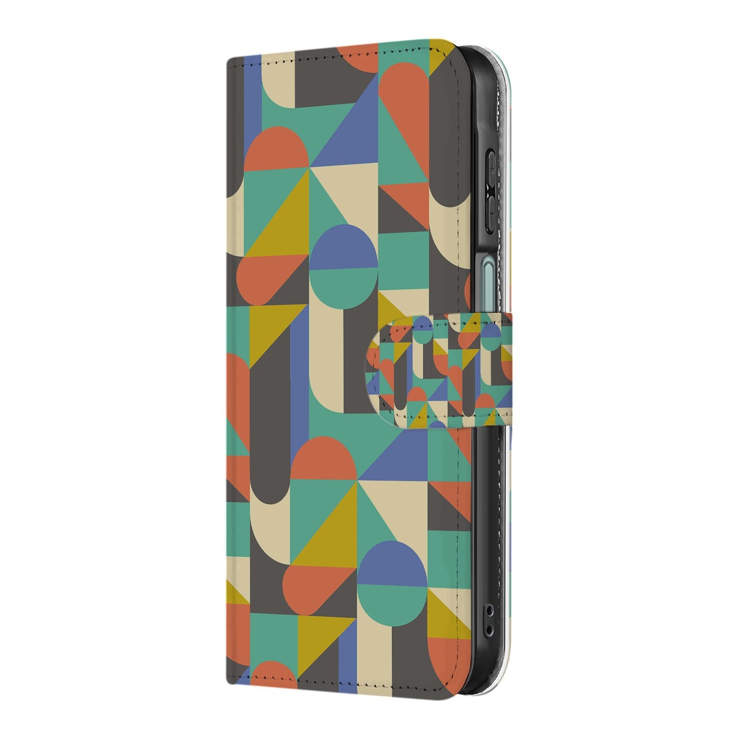 Samsung Galaxy A17 Bookcase Hoesje Funky Retro Pasjes Kunstleer opvallend geometrisch patroon zijaanzicht