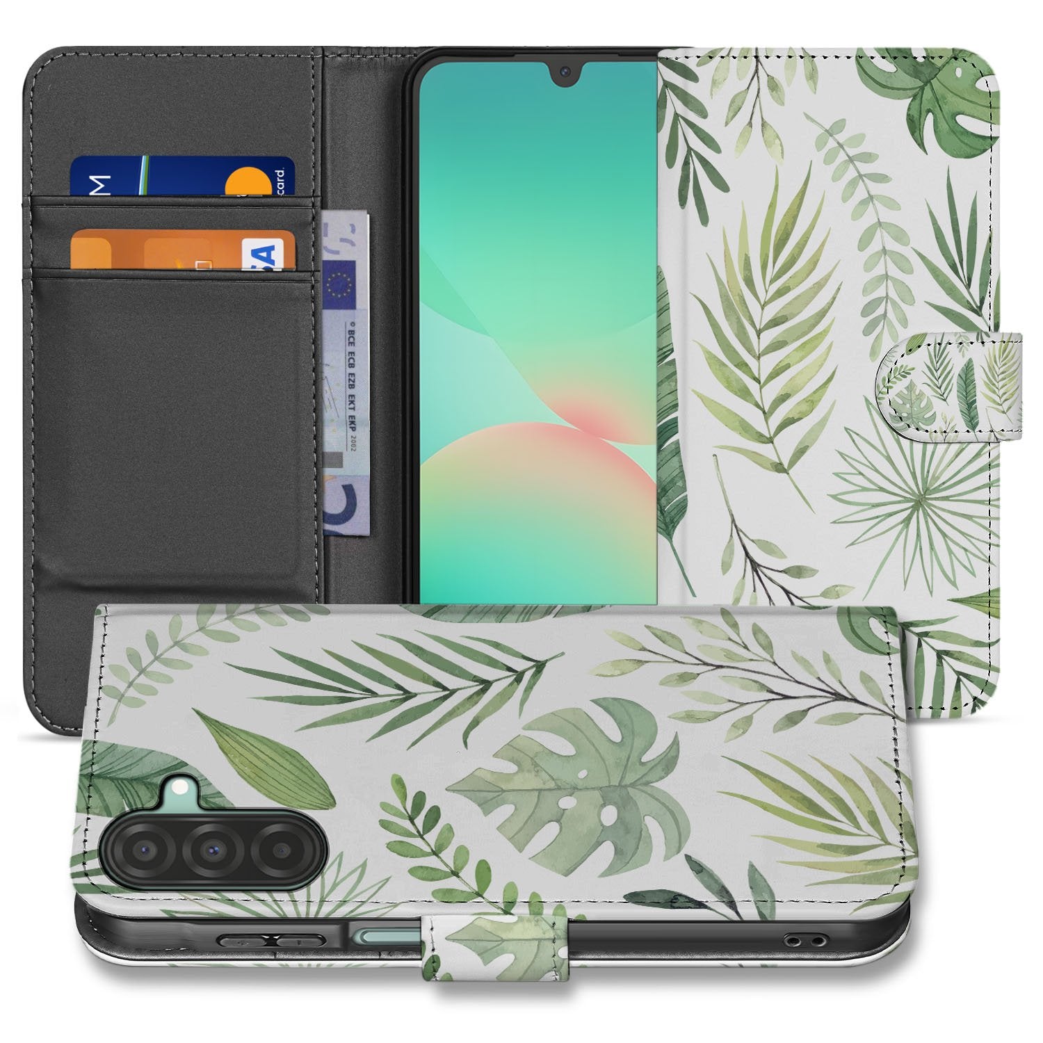 Samsung Galaxy A17 Bookcase Hoesje Leaves Lichtgroen Wit Met 3 Pasjes boekhoesje bladprint aanzicht