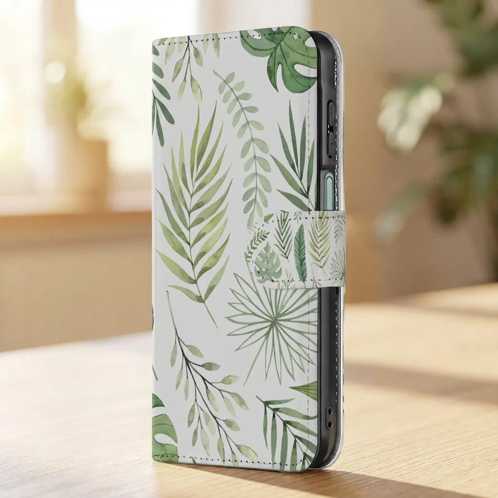 Samsung Galaxy A17 Bookcase Hoesje Leaves Lichtgroen Wit Met 3 Pasjes boekhoesje bladprint zijaanzicht