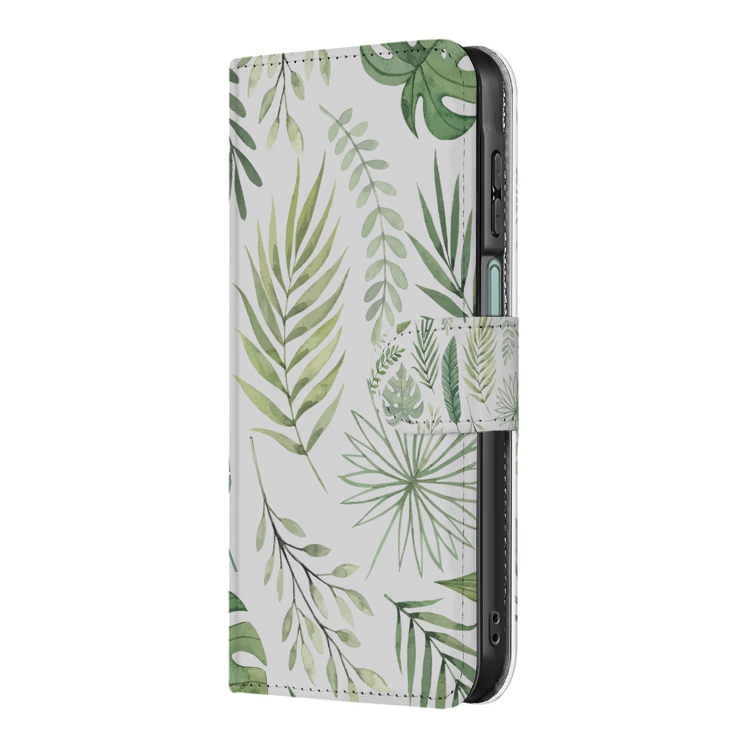 Samsung Galaxy A17 Bookcase Hoesje Leaves Lichtgroen Wit Met 3 Pasjes boekhoesje bladprint zijaanzicht