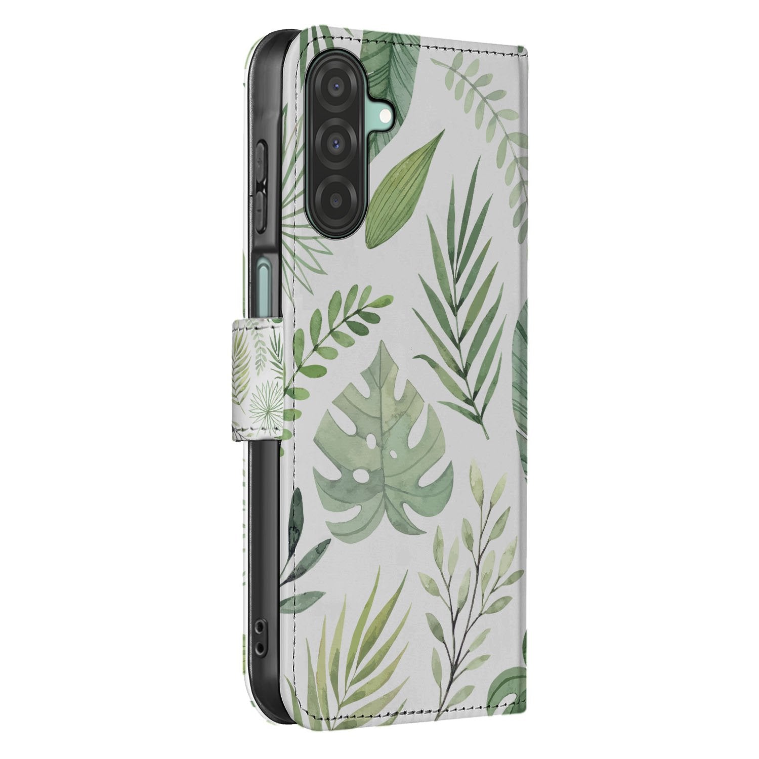 Samsung Galaxy A17 Bookcase Hoesje Leaves Lichtgroen Wit Met 3 Pasjes boekhoesje bladprint zijaanzicht