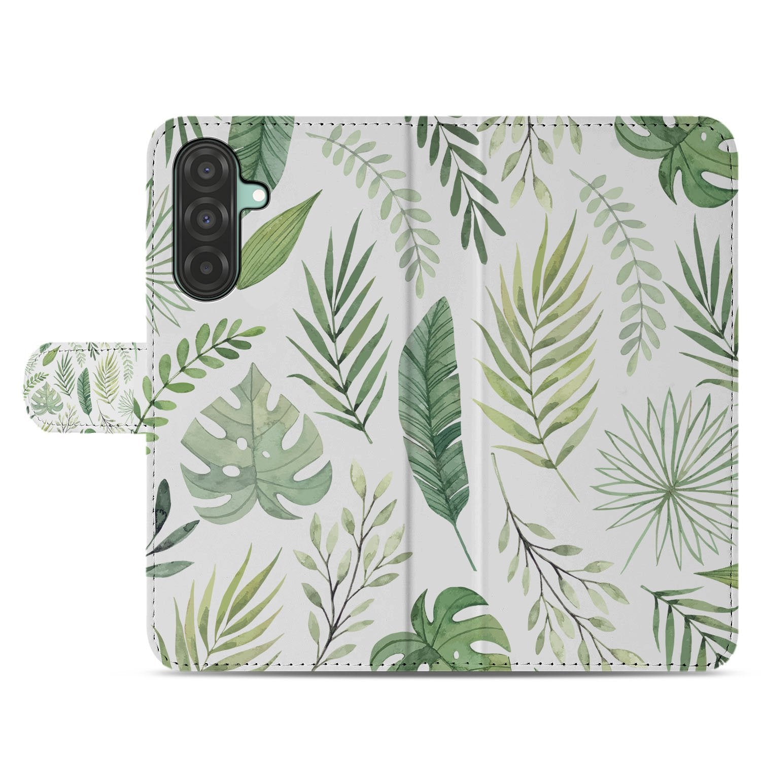 Samsung Galaxy A17 Bookcase Hoesje Leaves Lichtgroen Wit Met 3 Pasjes boekhoesje bladprint voorkant