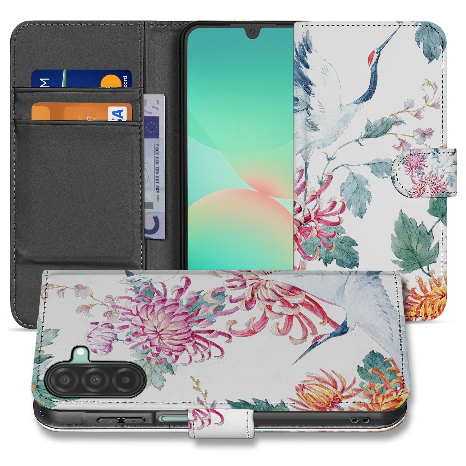 Samsung Galaxy A17 Bookcase Hoesje Met Pasjes Bird Flowers Print designnaam aanzicht
