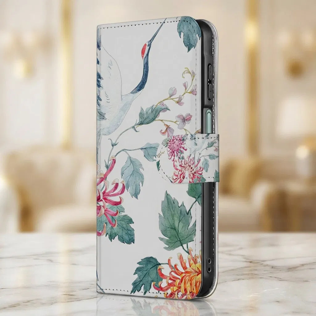 Samsung Galaxy A17 Bookcase Hoesje Met Pasjes Bird Flowers Print designnaam aanzicht